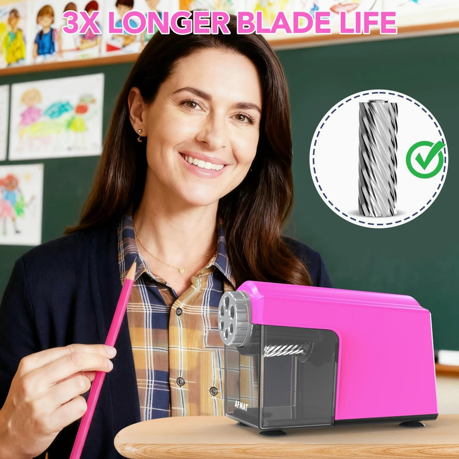 AFMAT Temperamatite elettrico resistente, 6 fori per matite da 6-11 mm e matite colorate 10000 volte, temperamatite da scrivania USB, arresto automatico con contenitore, scuola, insegnanti, bambini