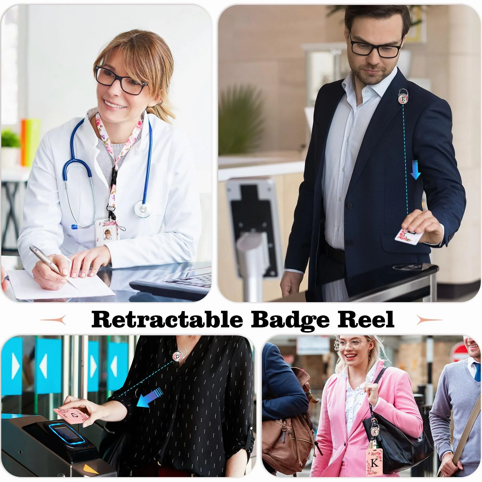 Porta Badge con Lettere A-Z, Cordino Rimovibile e Clip Retrattile, Personalizzato per Infermiere Insegnanti Studenti Ufficio (2 Pack)