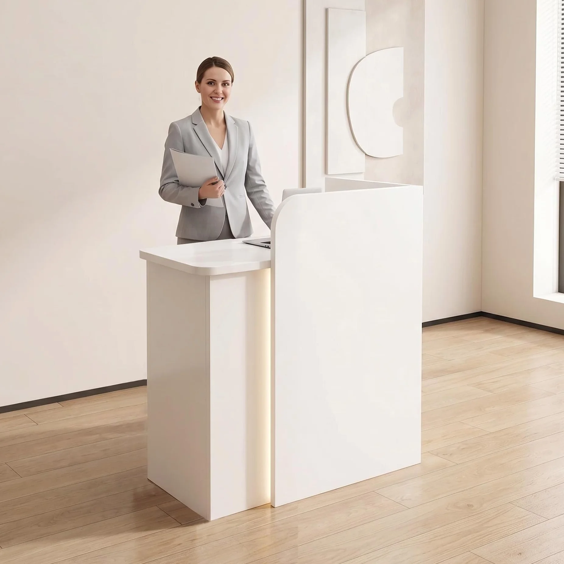 Banco Reception Piccola Moderno con LED, Bancone Reception per Negozio con Cassetti a Chiave, Bancone Cassa in Legno, per Spazi Commerciali Compatti (60X45X100CM)