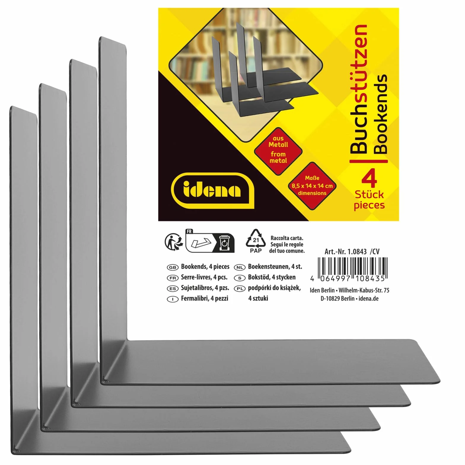 Idena Fermalibri in Metallo Nero 14x14x8,5 cm Porta Libri per Librerie