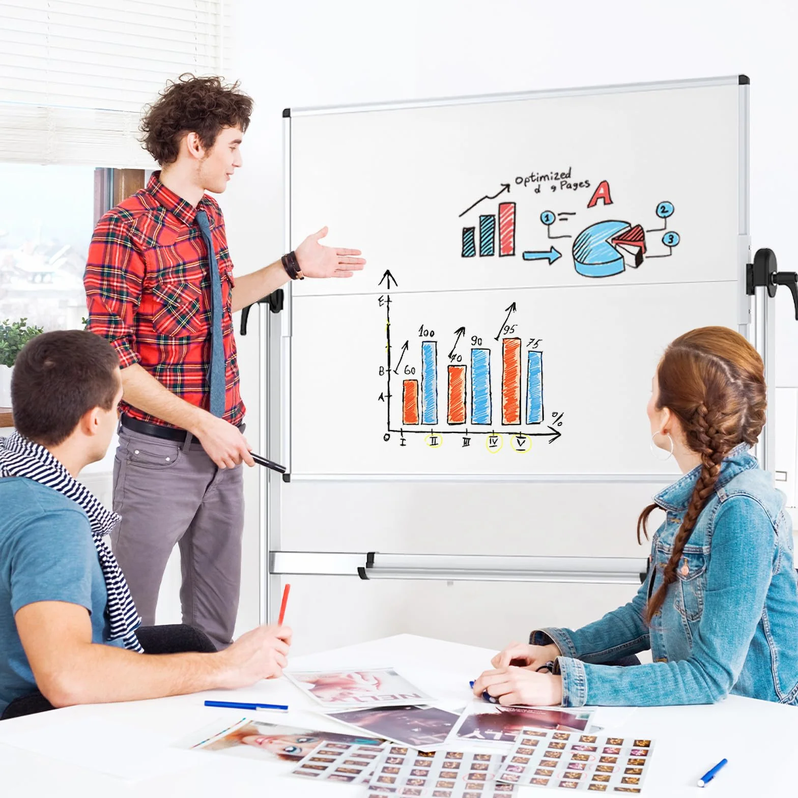 VIZ-PRO Lavagna bianca mobile bifacciale, 120 x 90 cm, lavagna bianca magnetica con rotella cancellabile a secco su ruote, telaio in alluminio e supporto