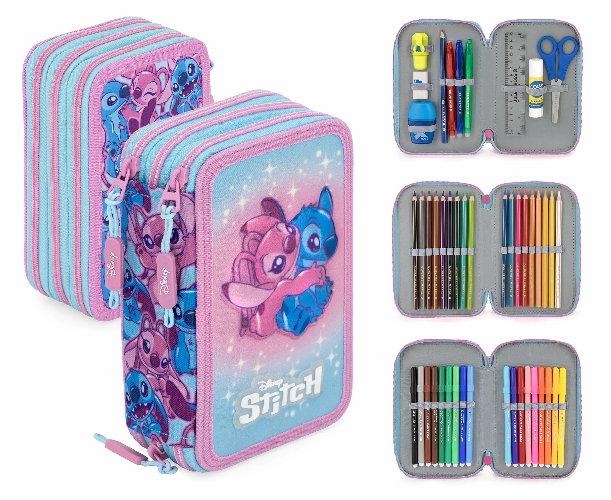 Clondo Astuccio Scuola 3 Scomparti Completo 46 Accessori Bambini Kit Cancelleria