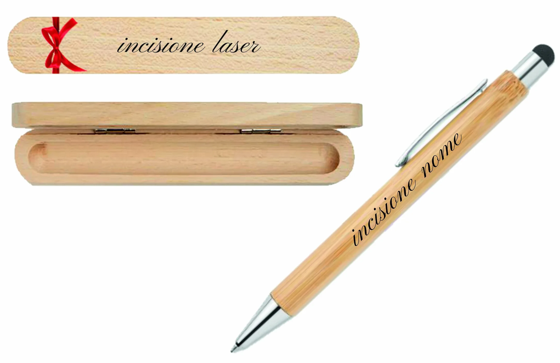 Penna a scatto in bamboo inchiostro nero con touch screen e scatola in legno personalizzati con incisione laser Top Tie
