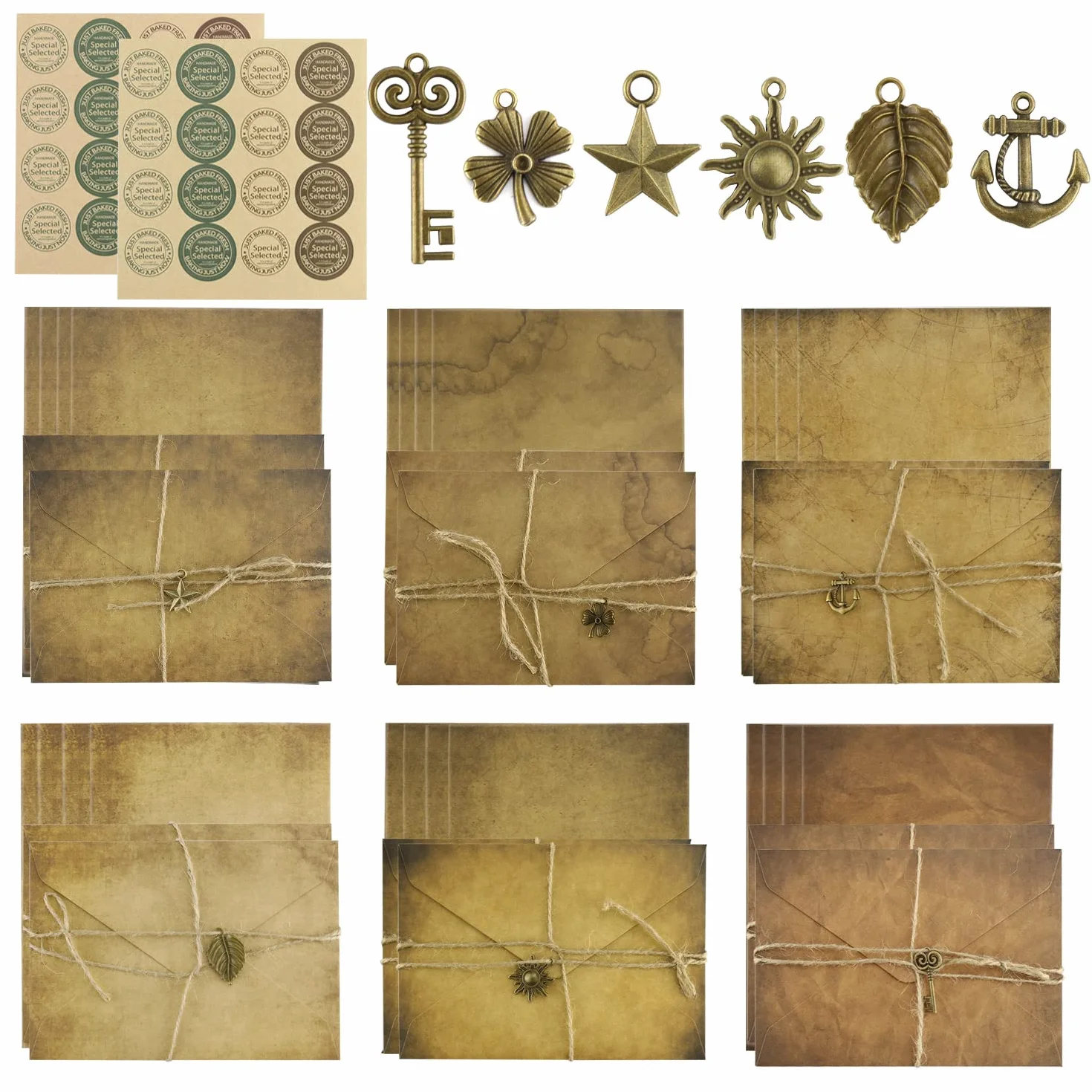 Carta da Lettere Vintage con Buste 12 Pezzi, 24 Pezzi Carta, 12 Chiavi Retrò, 12 Corde di Canapa, 2 Adesivi