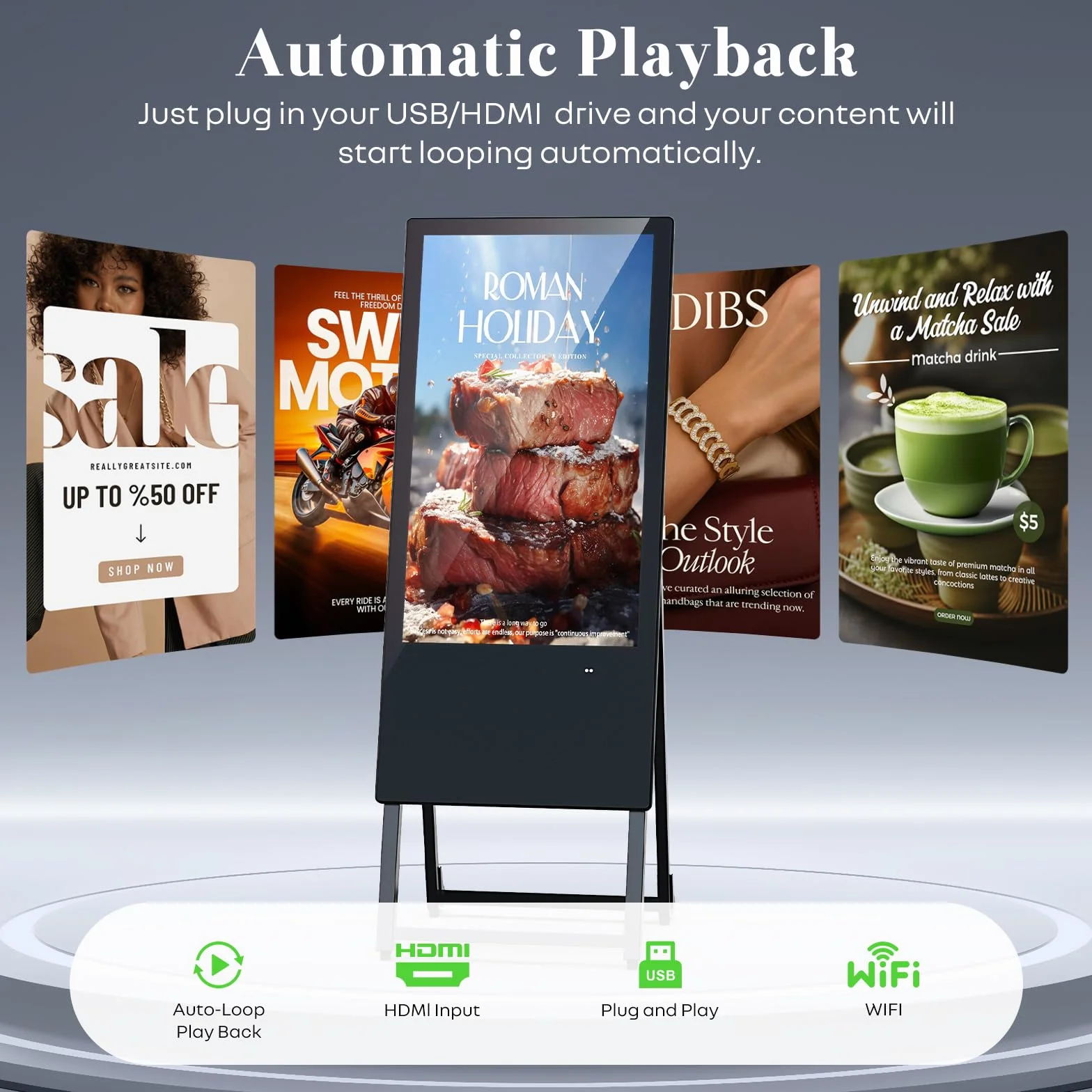 Display Pubblicitario Digitale 32 Pollici, Totem con Android OS, Digital Signage FHD IPS, Cavalletto LCD con WiFi/USB/HDMI, Pieghevole con Ruote, Nero