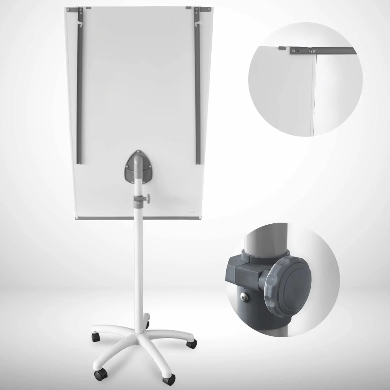 Mob Piranha Lavagna bianca mobile con base a rullo, 73 x 104 cm, regolabile in altezza fino a 210 cm, scrivibile, lavabile a secco, magnetica, con lavagna magnetica arrotolabile e bracci laterali