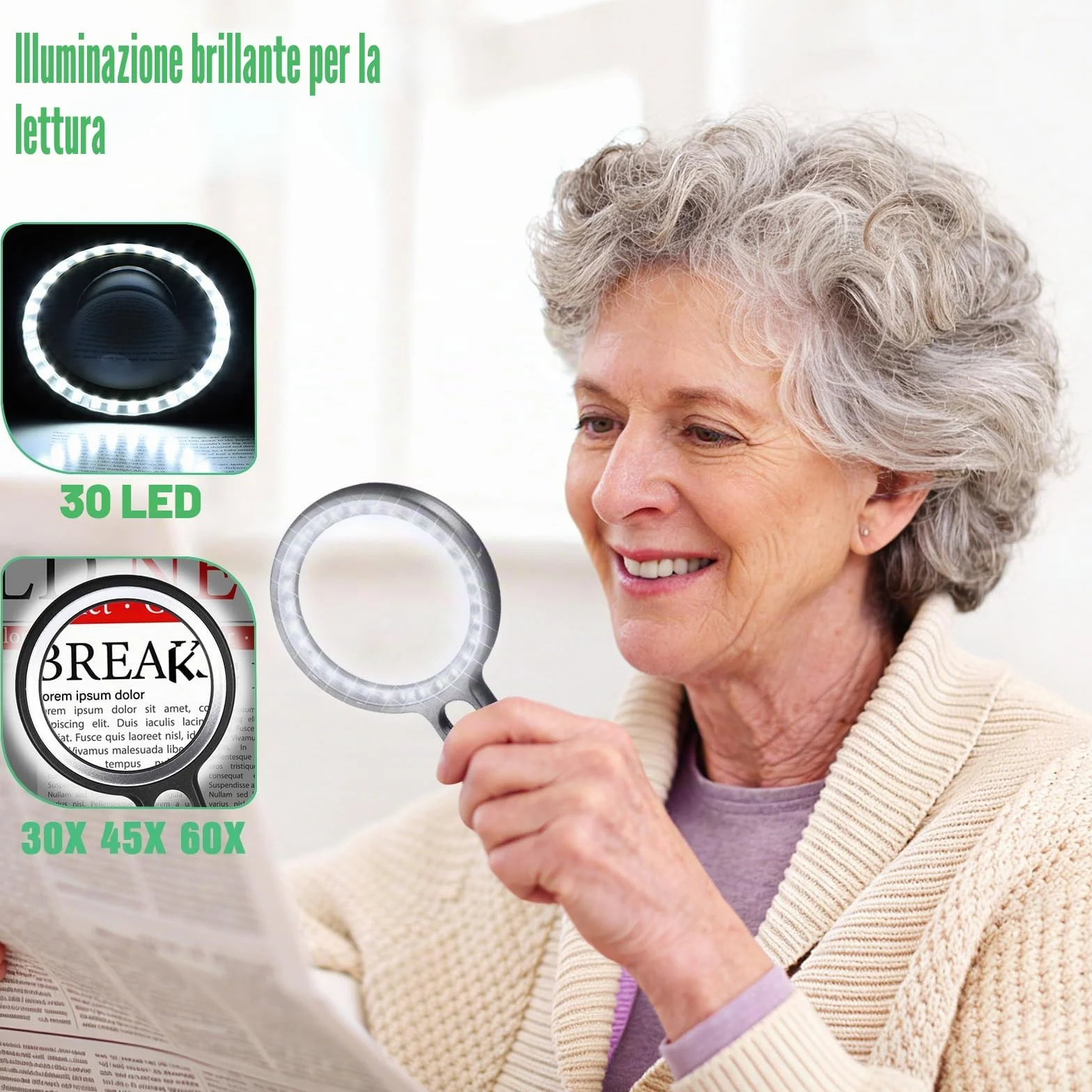 Lente d'ingrandimento LED 30X 45X 60X Professionale 2 Modalità 30 LED per Lettura Ispezione