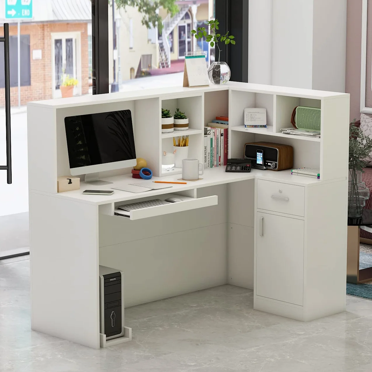 Banco Reception con Tavolo da Computer e Ripiano Rimovibile - 1 Cassetto e 1 Armadio - MDF, 140 x 80 x 120 cm