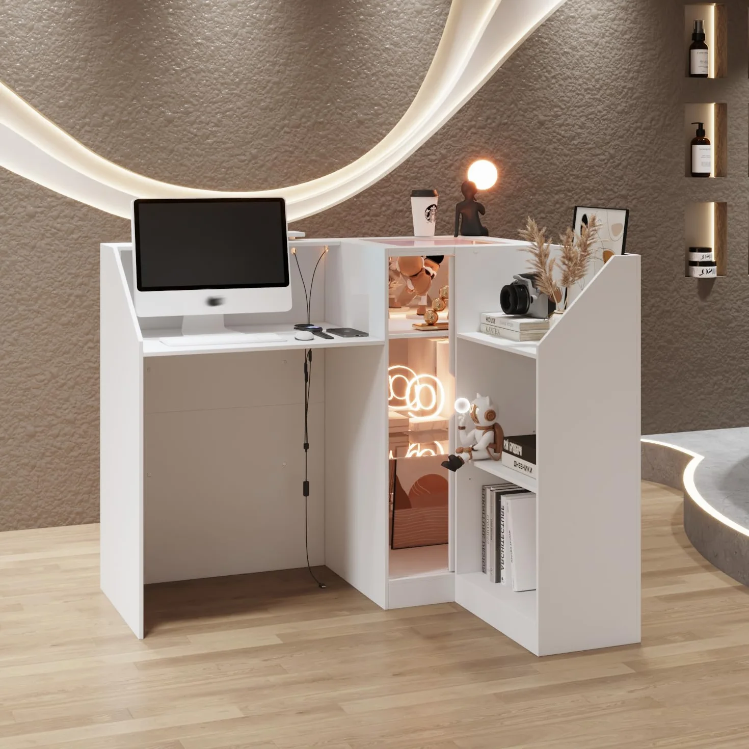 Tavolo di ricezione angolare con cassetto della tastiera, cassetta L con 3 luci colorate, bancone con vetrina in vetro, tavolo reception, bancone