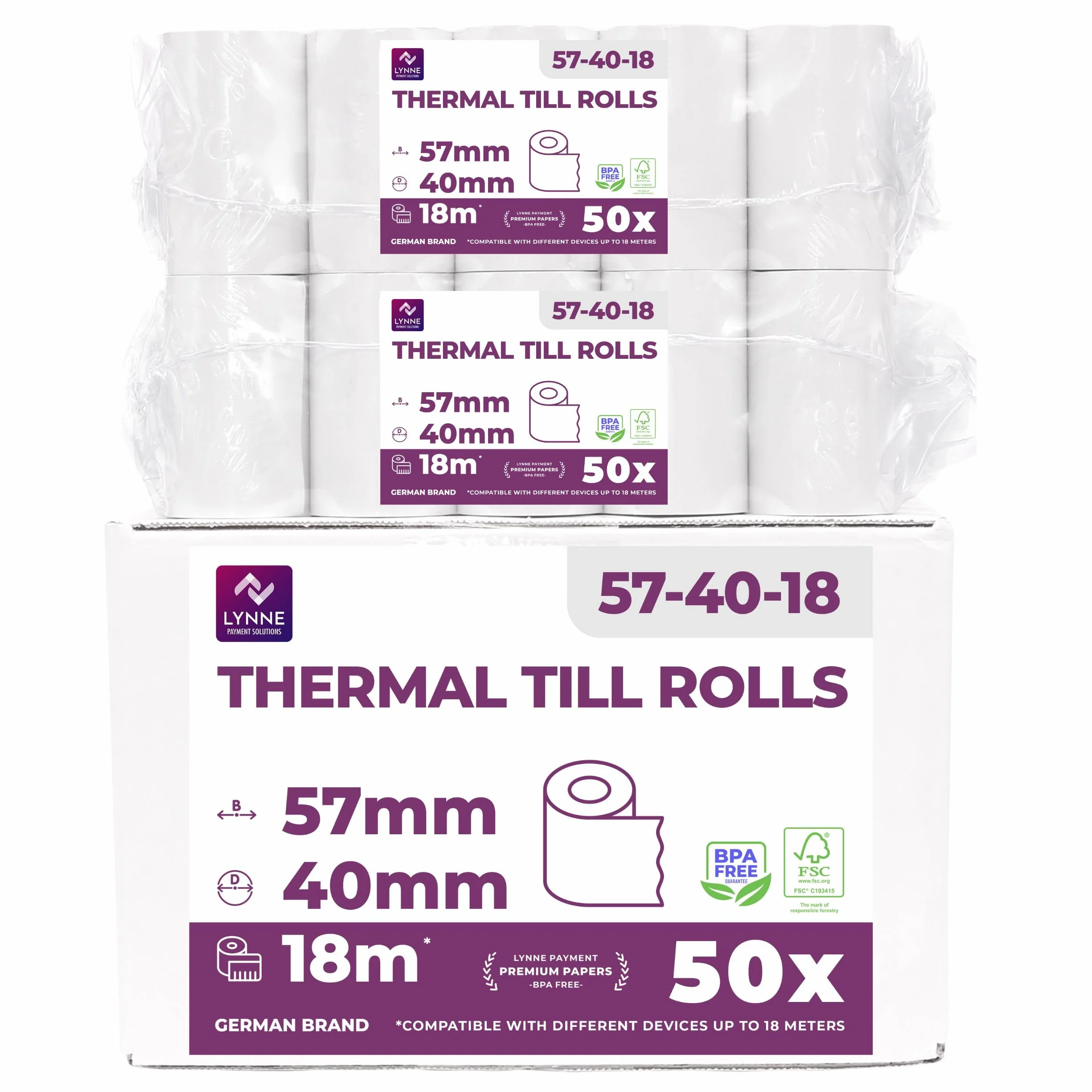 LYNNE - Rotoli POS 57x40x12 di carta termica per ricevute Bancomat - Rotolini compatibili con dispositivi POS - Rotolo 57mm x 18m x 12mm - [50x]