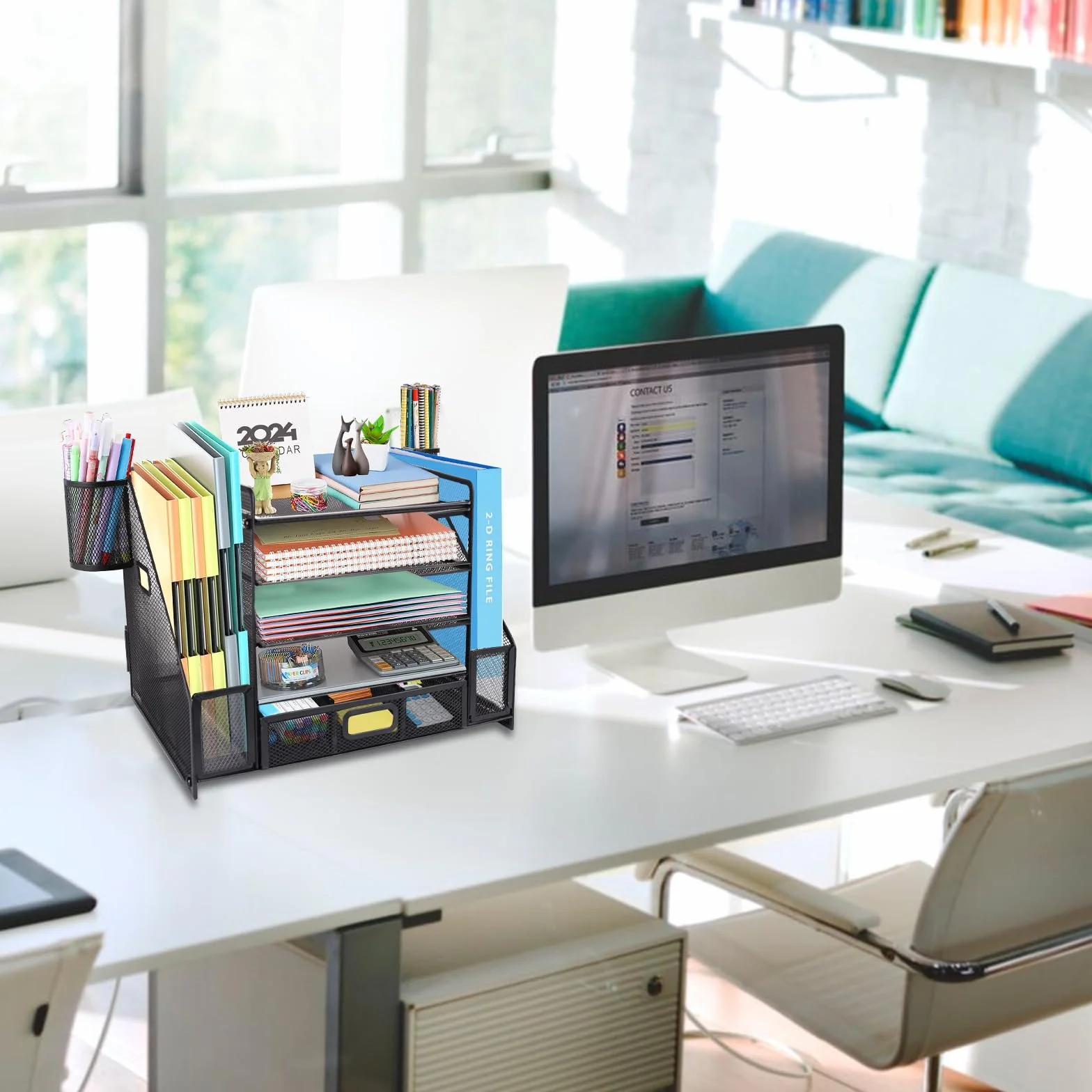 Organizer da scrivania in rete con portadocumenti, organizer per lettere a 5 ripiani con portariviste, organizer da scrivania e portaoggetti per forniture per ufficio, casa o scuola, nero