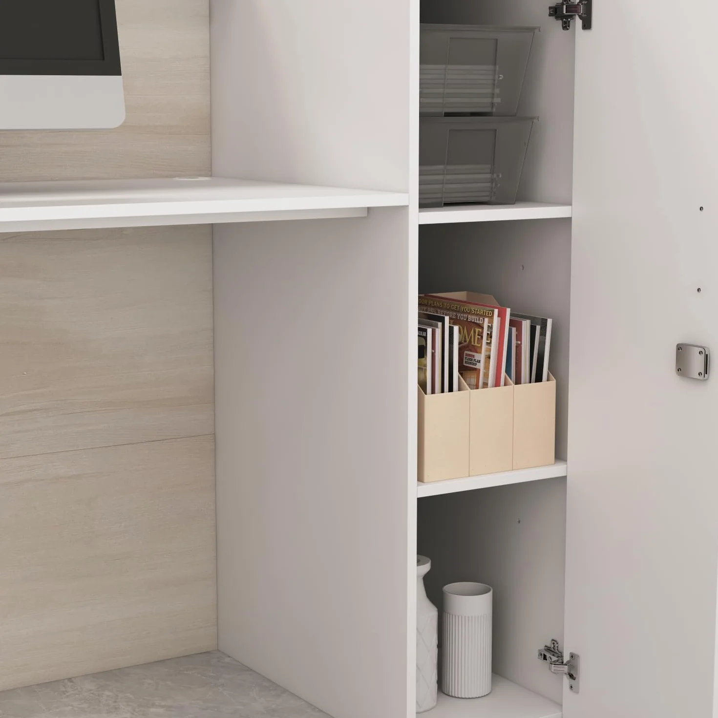 Banco di reception, grandi banchi con ripiani regolabili, bancone della reception, mobili da ufficio, colore legno e bianco, 180 x 60 x 110 cm, MDF, moderno ed elegante
