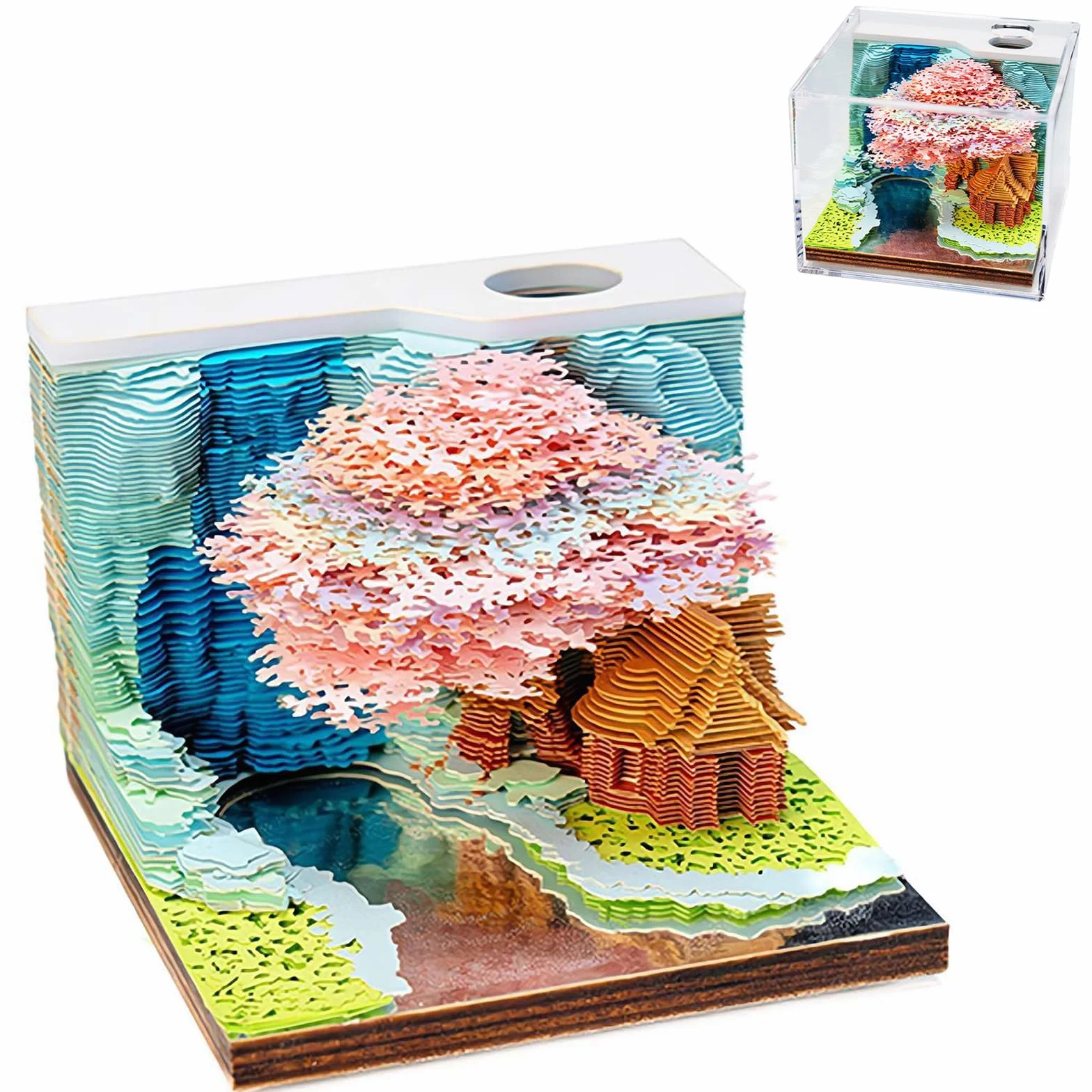 Calendario 3D 2026, Casa sull'albero con luce, creativo 3D Fantasy Casa sull'albero Memo Pad Calendario da scrivania, Casa sull'albero di fantasia, Scultura in carta per casa e ufficio, decorazioni da