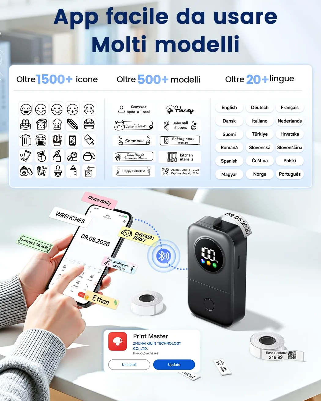 Phomemo D30D Etichettatrice con 5 Etichette, Schermo LED Intelligente, Nero | Mini Bluetooth Portatile Stampante Etichette Autoadesive per Ritorno a Scuola, Casa e Ufficio