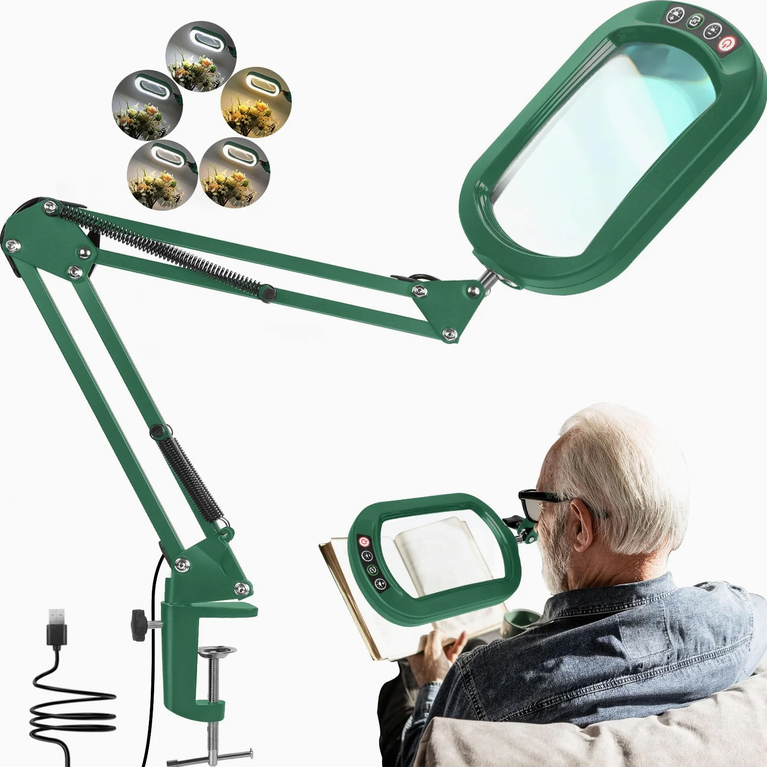 Lente d'ingrandimento quadrata 10X con luce e morsetto, lente d'ingrandimento in vero vetro illuminata a LED e supporto, 5 modalità di colore, dimmerabile continuamente, lampada da scrivania con