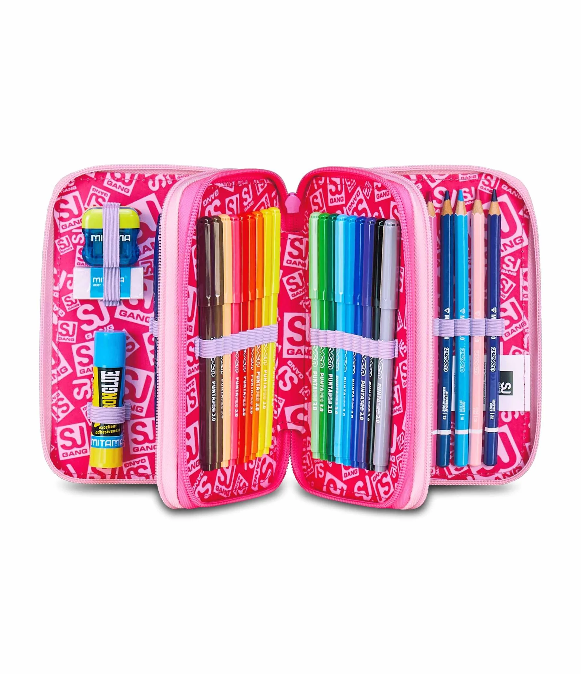 SJ GANG STYLE JAM GANG Astuccio Scuola 3 Zip, Fucsia, Portapenne Triplo Scomparto Completo Di Penne, Matite, Colori, Accessori Zaino, Scuola Elementare, Bambina