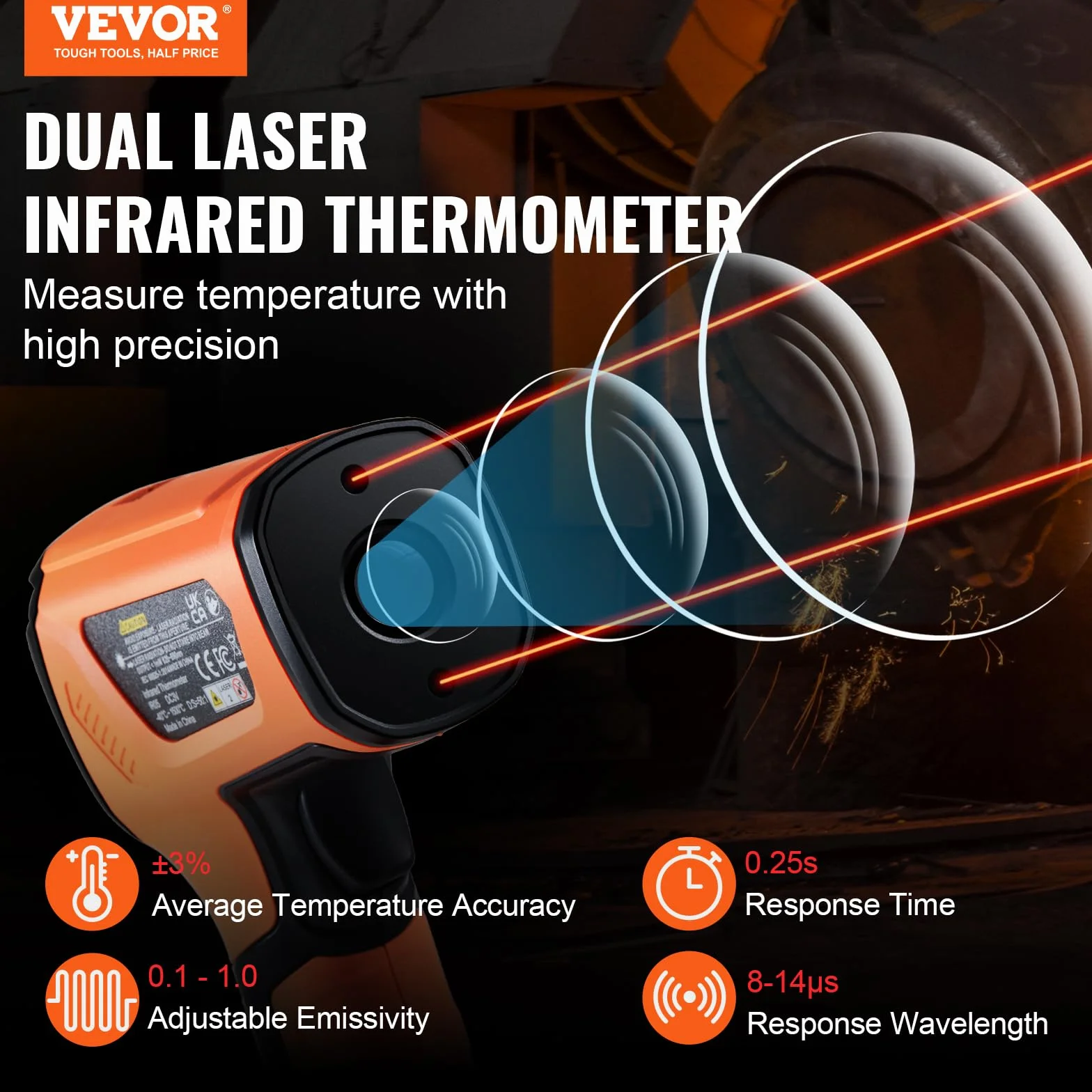 VEVOR Termometro a Infrarossi, Pistola Termica a Doppio Laser Senza Contatto -40°C~1500°C per Fusione/Cottura/Forno Pizza