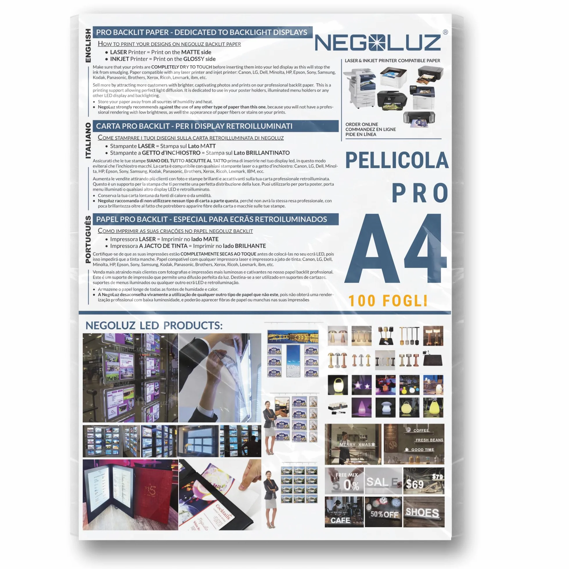 Carta Backlight A4 Retroilluminata PRO 100 Fogli per Porta Poster Vetrina LED e Porta Menu Luminoso NegoLuz