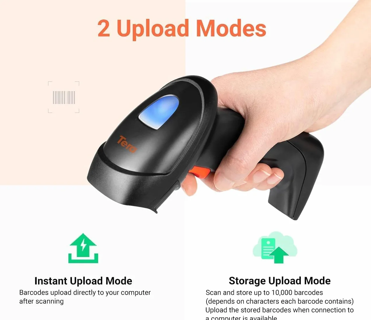 Tera Barcode Scanner Wireless 2,4GHz Lettore di Codici a Barre per 1D Laser con Stazione di Ricarica, Modello di Aggiornamento 6100