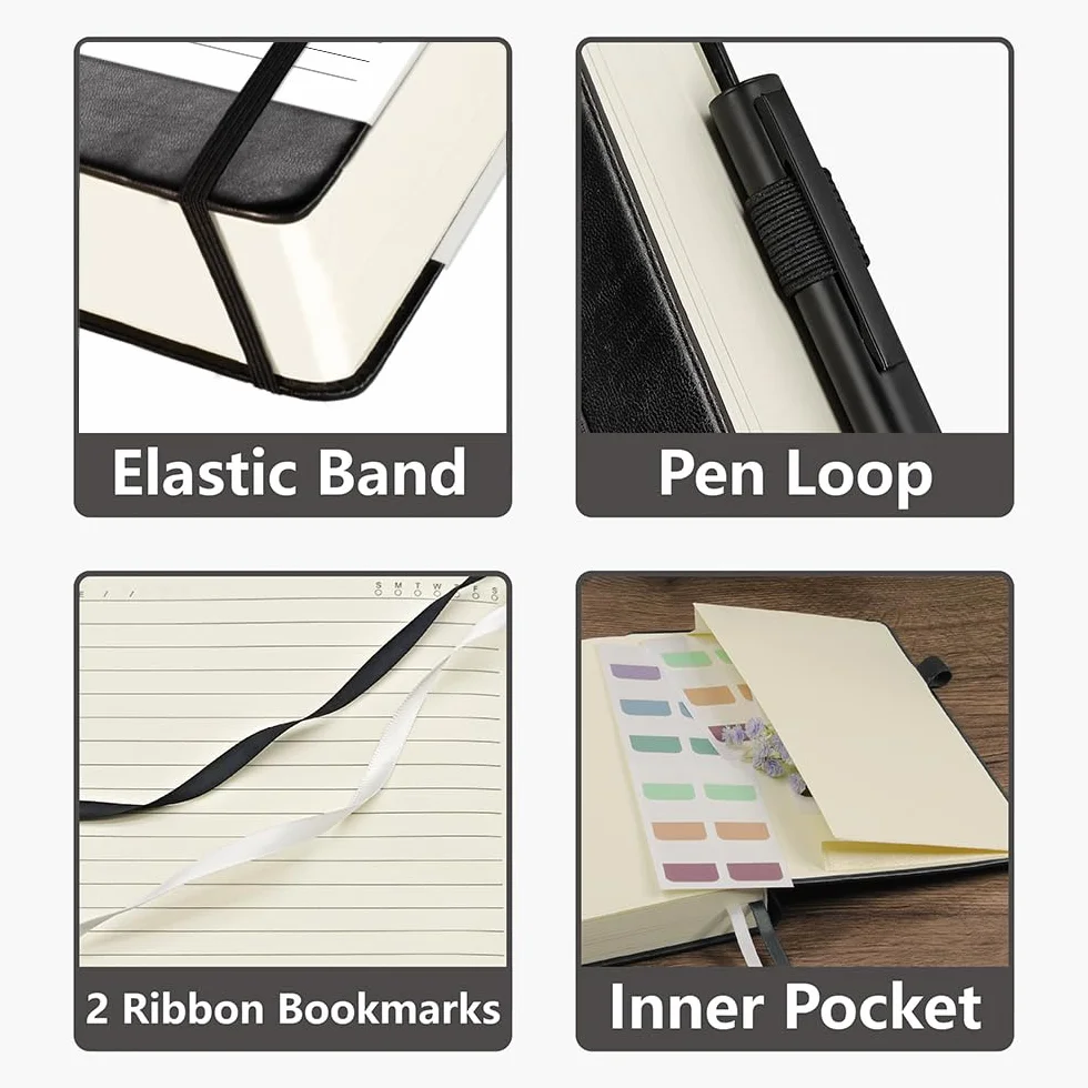 Hoci Poci Taccuino a righe, 400 pagine spesse per scrittura, formato A5, copertina rigida in pelle, con carta a righe da 100 g/m², per donne e uomini, per prendere appunti, 14,7 x 21,3 cm, nero