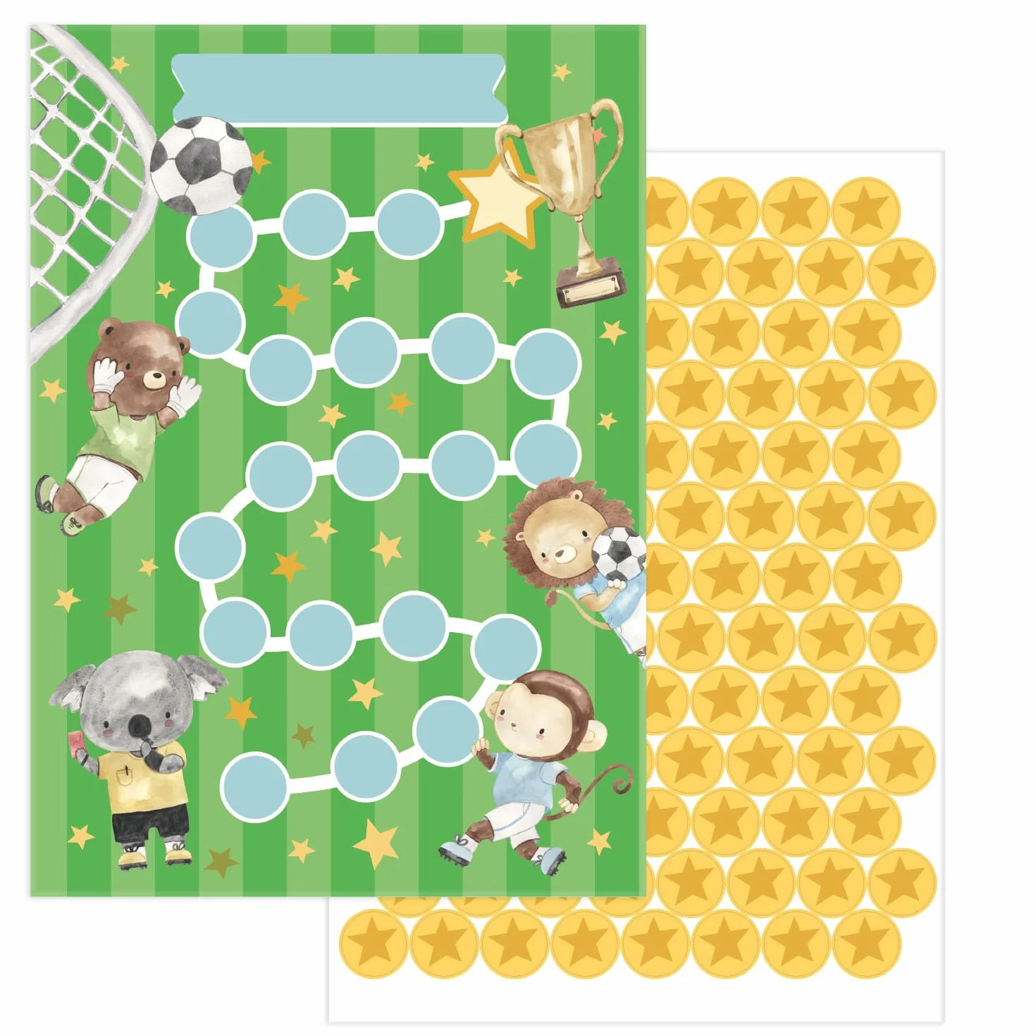 Set di 10 tabelle delle ricompense Calcio con adesivi a forma di stella per bambini