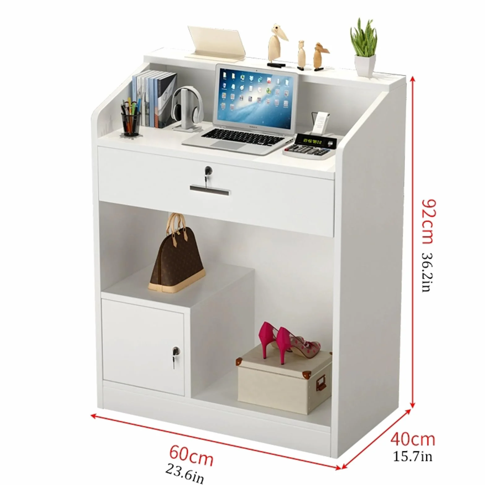 Banco reception con cassetti, reception tavolo bancone, Bancone vendita, per ufficio, sale aziendali, hotel, negozi di abbigliamento, pasticcerie, frutterie, bianco, MDF 60x40x92cm