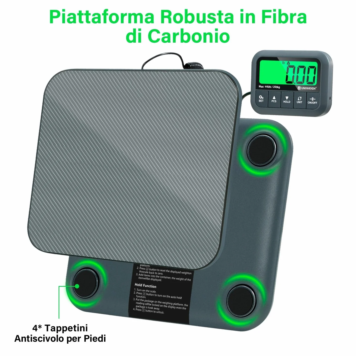 UNIWEIGH Bilancia Postale Digitale 200kg 10g Alta Precisione con Funzione Hold Tara Conteggio
