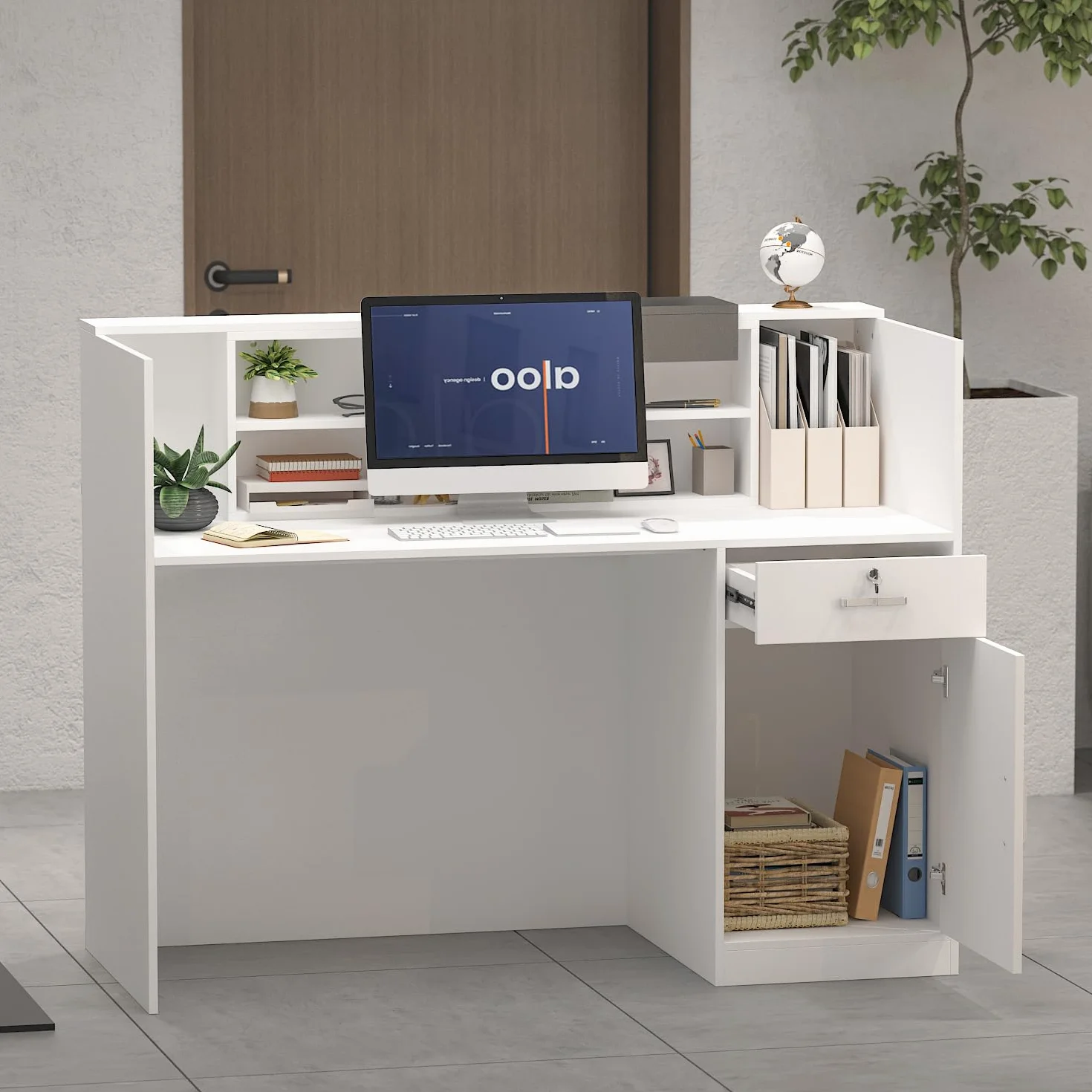 Banco di reception, banchi di reception, banchi di ricevimento con cassetti e armadi chiudibili, bancone con ripiani aperti regolabili, 140 x 60 x 110 cm, MDF, bianco, HUPODE250005-0001