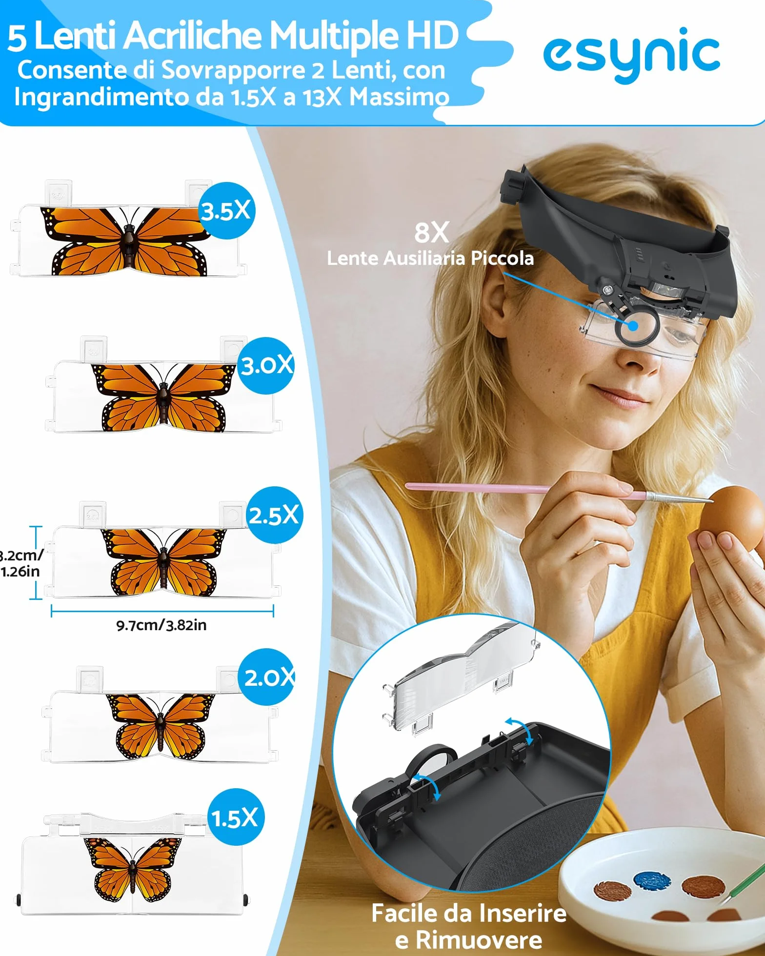 eSynic Lente di Ingrandimento Frontale a 2 LED Luce Regolabile, con 5 Lenti 1.5-3.5X + 8X Fino a 13X e Custodia Zip, Lente d'Ingrandimento a Testa Ricaricabile per Ricamo Lettura Riparazione - Nero