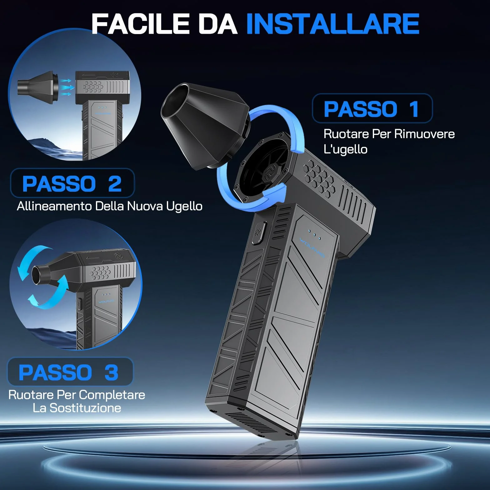 WOLFANG Soffiatore a Batteria, Aria Compressa Elettrico Rimuovi Polvere, Mini Soffiatore Portatile Ricaricabile, Soffiatore Aria Compressa Elettrico 110000 RPM con 3 Velocità