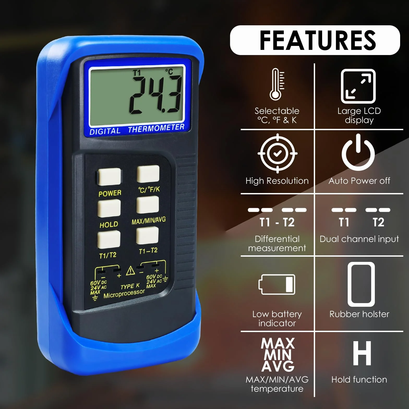 Termometro Digitale Tipo K Termocoppia Doppio Canale 4 Sonde Cablate Acciaio Inossidabile -50~1300°C Tester Portatile