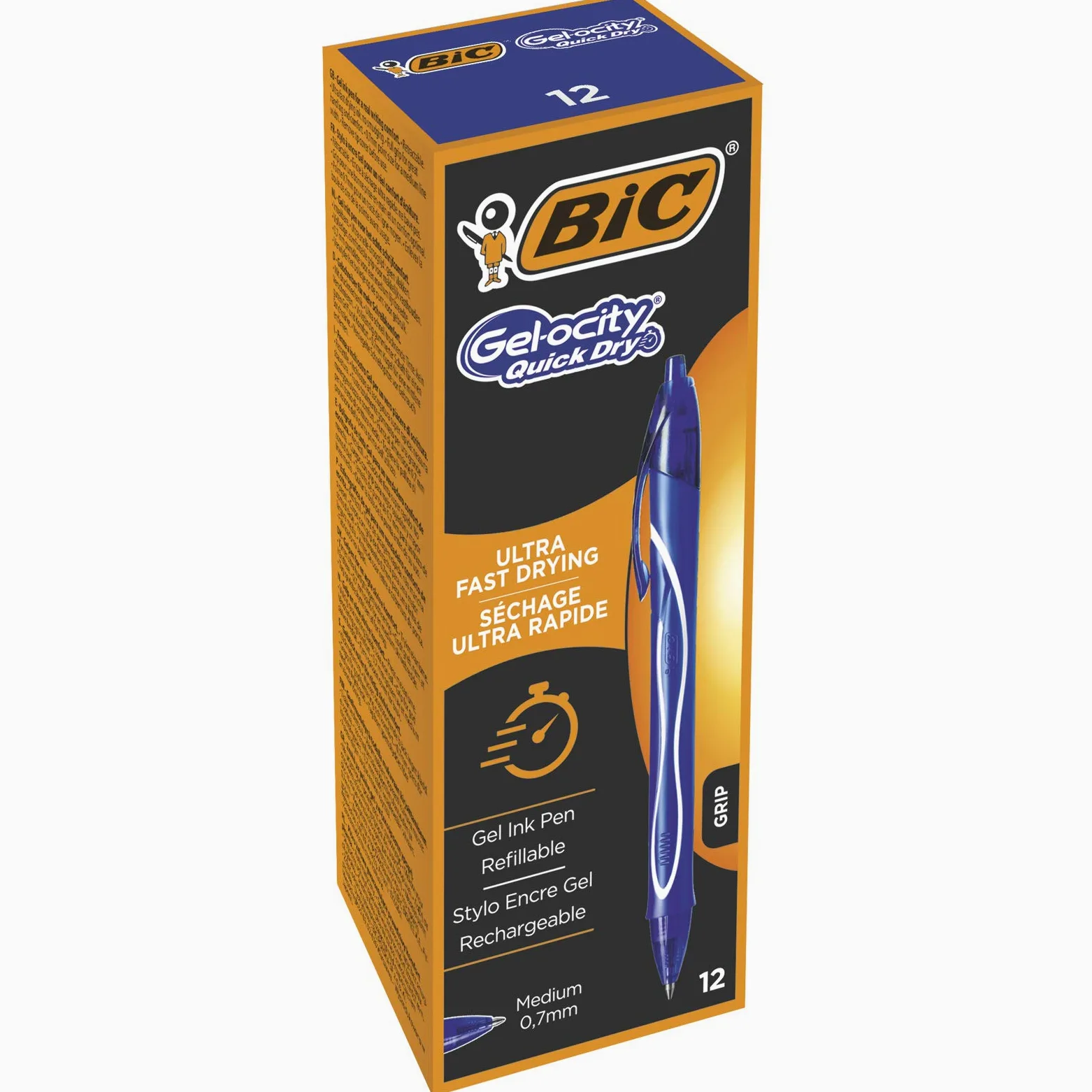BIC Penne Nere Gel, Gel-ocity Quick Dry, Punta Media (0.7 mm), Confezione da 12 Penne + Quick Dry, Colore Blu, Punta Media (0.7 mm), Scatola da 12