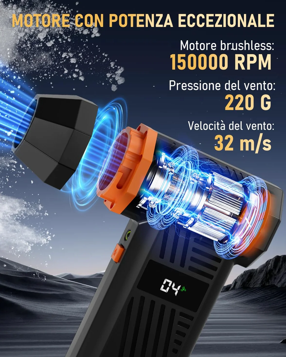 GLAM Soffiatore d'Aria Elettrico con Display LED e Luce, 4 Velocità 150000RPM Aria Compressa Elettrico per PC, Divano, Tastiera, Auto