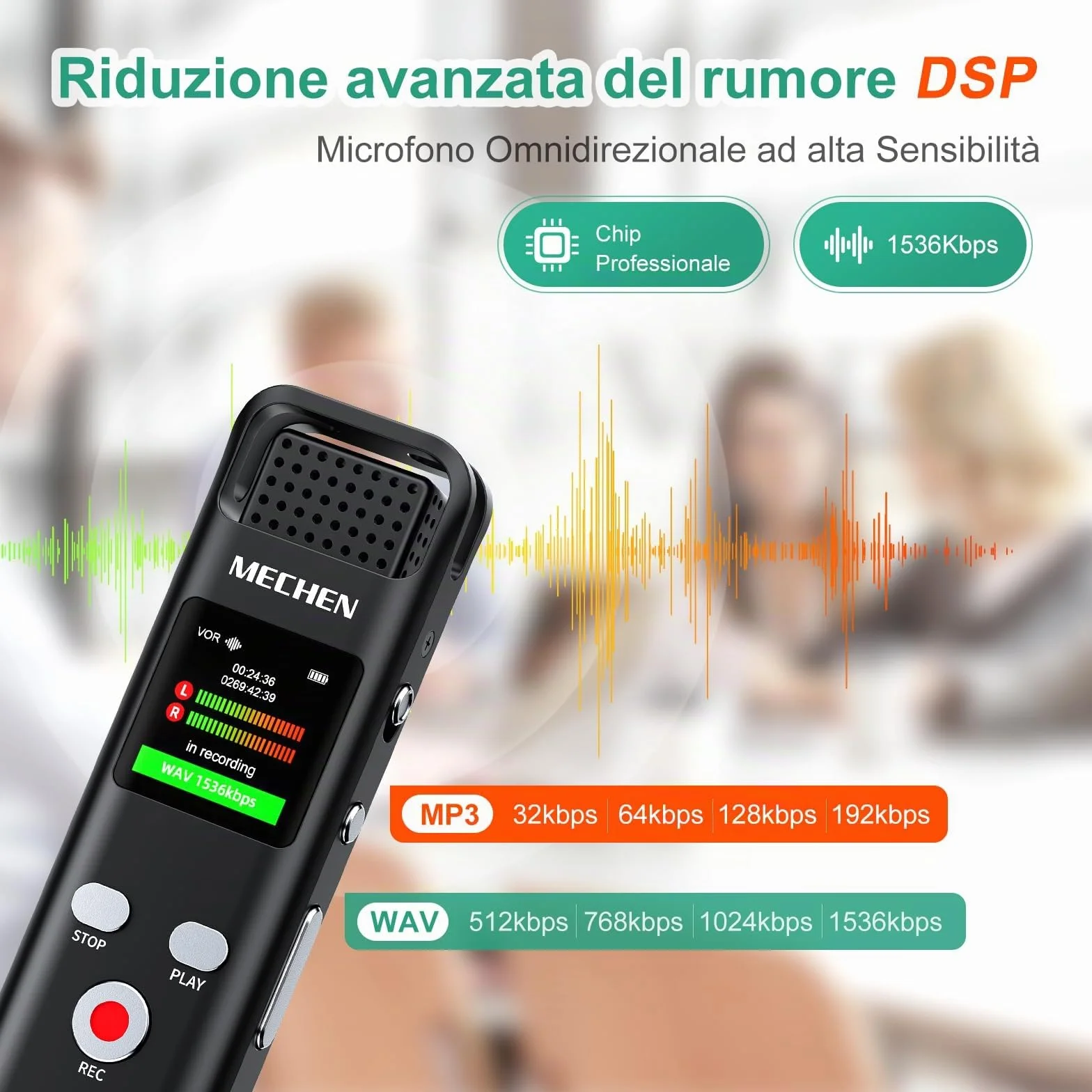 MECHEN Registratore vocale da 128 GB con riconoscimento vocale, 1536 kbps con lettore MP3, qualità audio HD, cancellazione del rumore, registratore vocale per lezioni