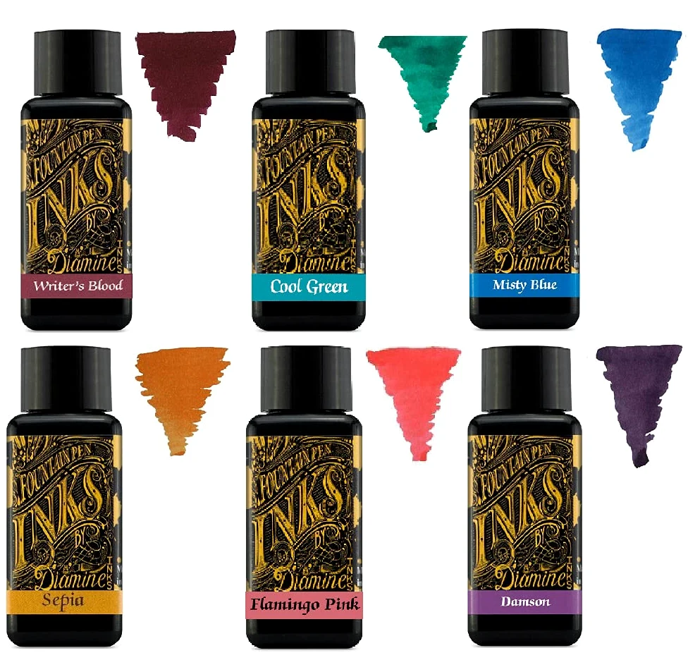 Diamine - Inchiostro per penna stilografica da 30 ml - Ruota dei colori - 6 flaconi - Writers Blood, Cool Green, Misty Blue, Seppia, Flamingo Pink, Damson