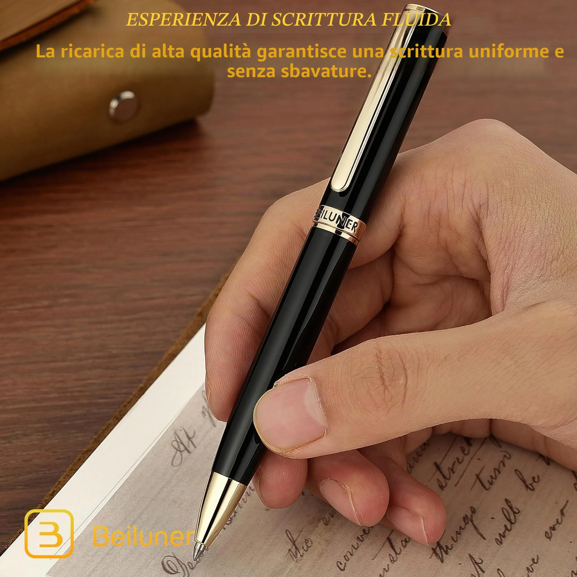 BEILUNER Penna a Gel Lusso con Finitura Oro 24K, Lacca Nera Piano, Artigianato di Classe, Miglior Set Regalo per Uomo/Donna, Professionale, Executive, Ufficio, Retrattile