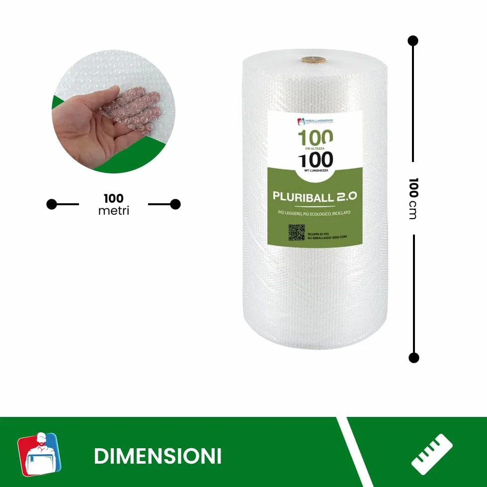 Pluriball Imballaggio 50% Materiali Riciclati 2.0 1 Rotolo 100mtx100cm 28gr/mq Plastica per Imballaggio con Bolle