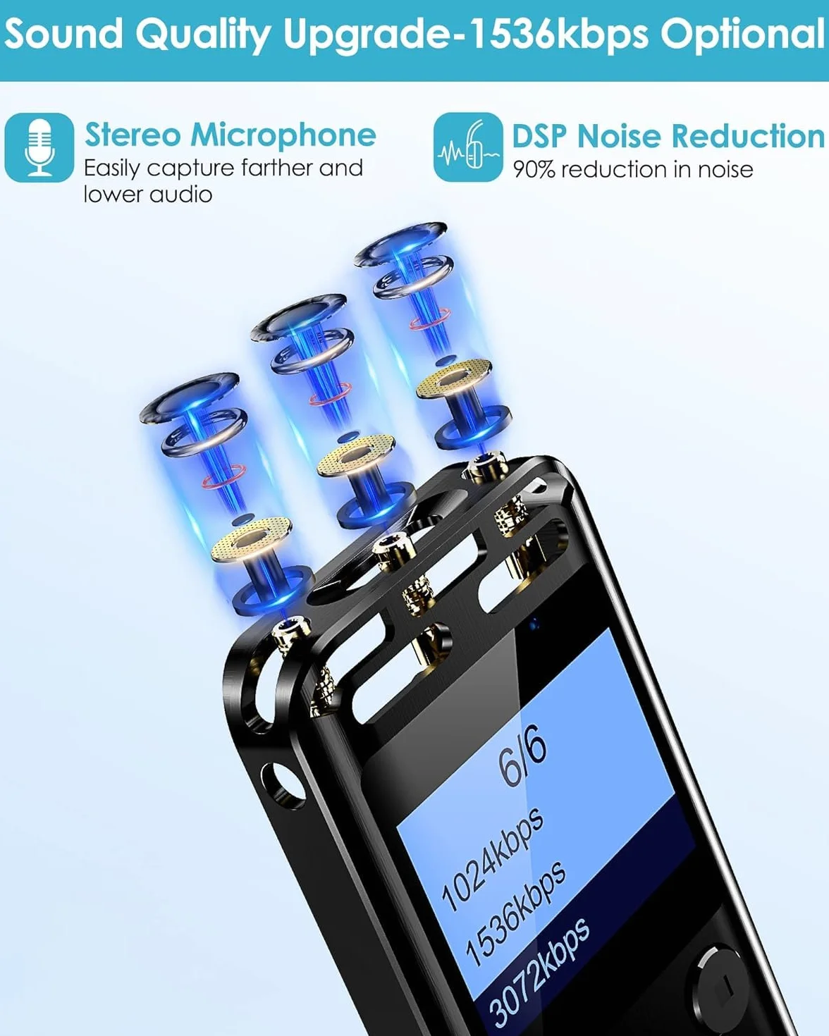 64GB Registratore Vocale Digitale Con Riduzione Rumore, Stereo Hd 1536Kbps, Metallo, Attivazione Vocale, Riproduzione E Password, Dispositivo Per Interviste, Riunioni, Lezioni (64GB)