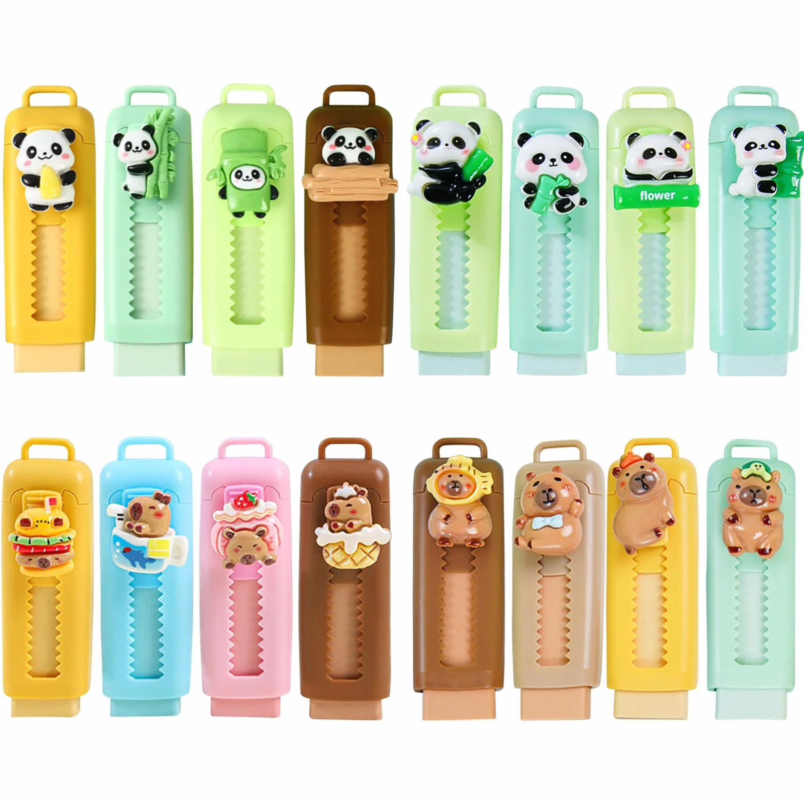 Kawaii Gomme da Cancellare Retrattili Bambini 16 Pezzi, Gomma Capybara & Panda, Regalini Festa Compleanno Scuola 4-10 Anni