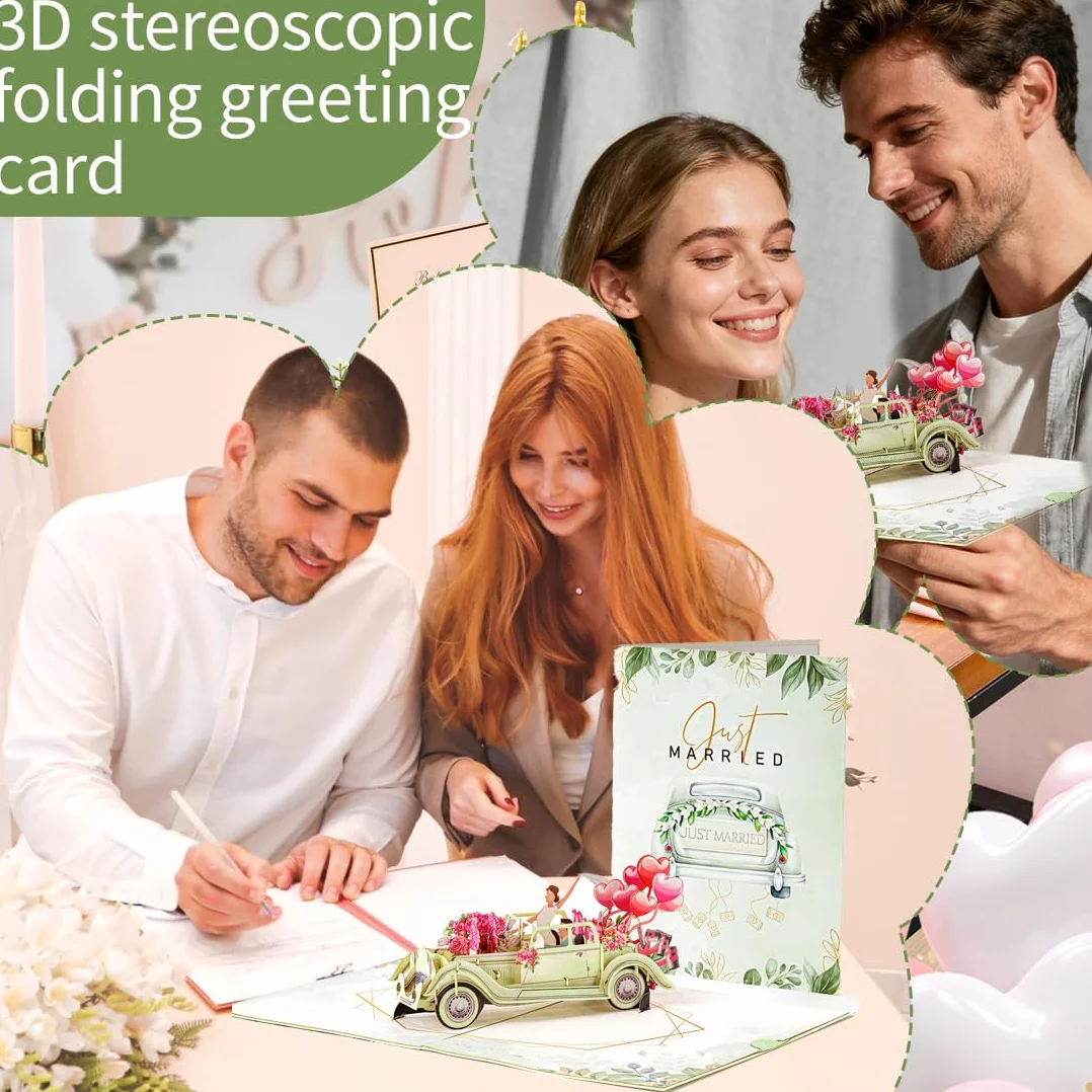 Biglietto Pop-Up 3D Auto Just Married per Matrimonio, Elegante Regalo Denaro per Nozze