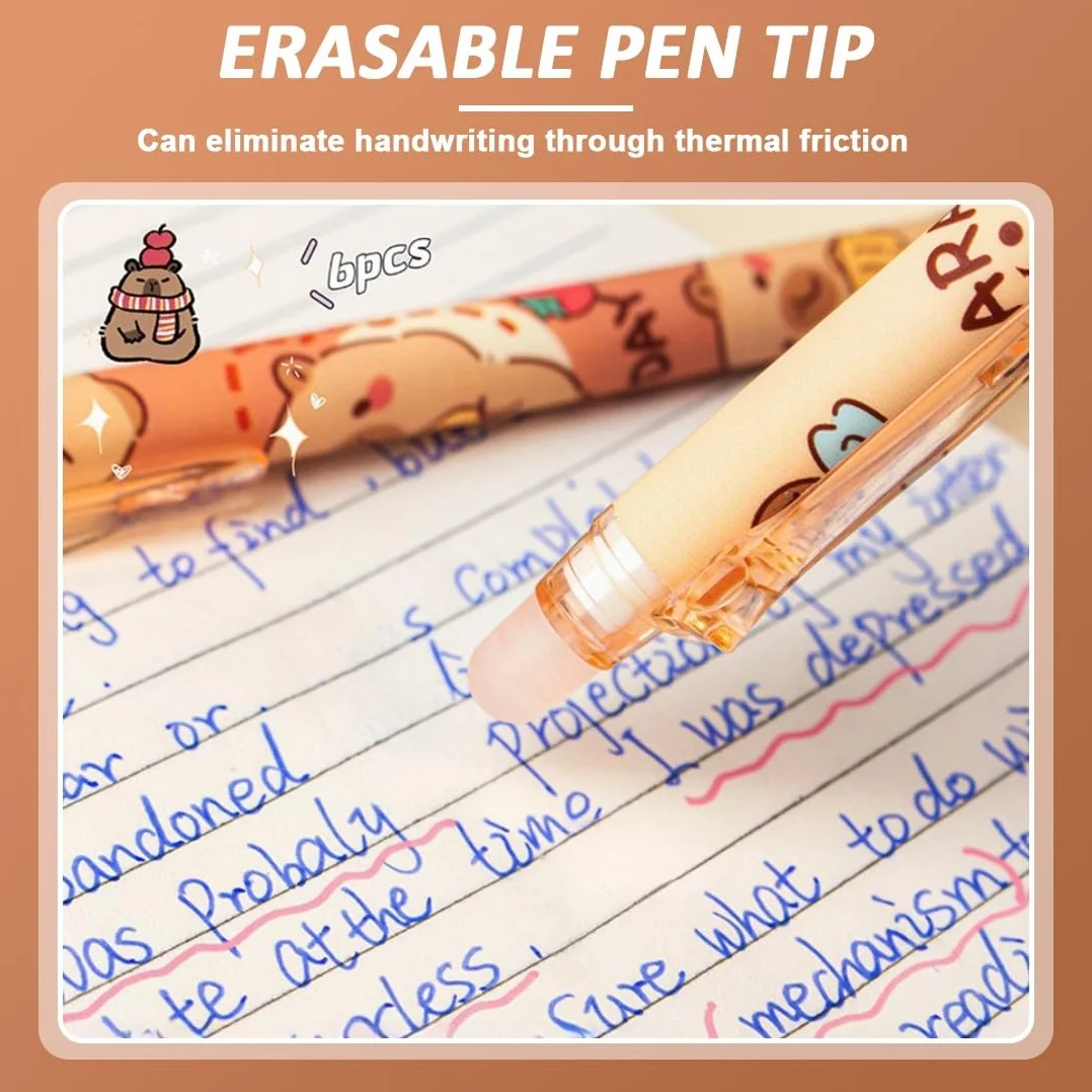 Penne Gel Cancellabili Capibara Set di 6, Inchiostro Termosensibile, Punta 0,5 mm, Design Animali
