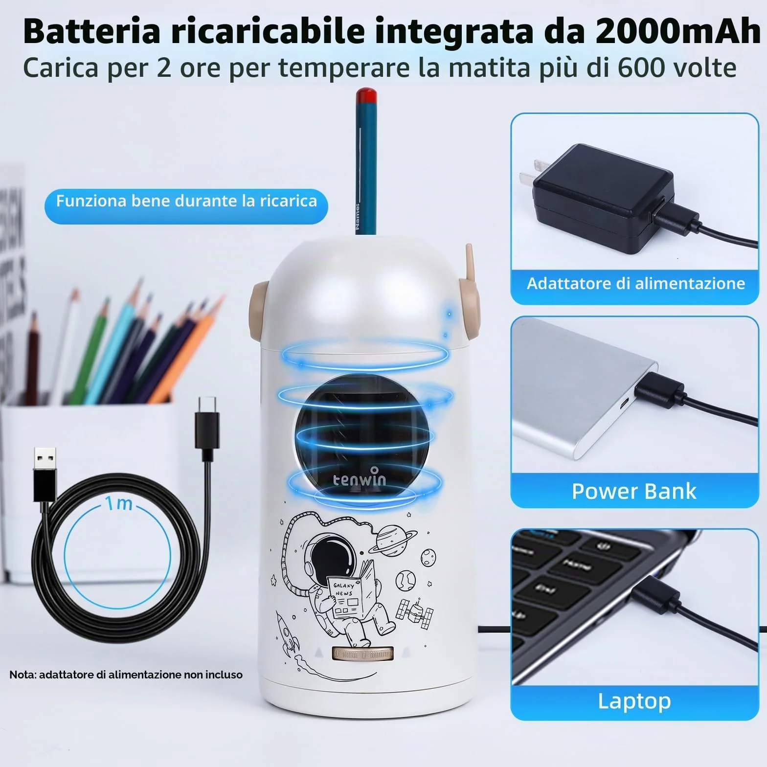tenwin Temperamatite elettrico completamente automatico, temperamatite ricaricabile con contenitore per matite colorate da 7 a 11,5 mm, portatile e sicuro per casa, ufficio, scuola (argento)