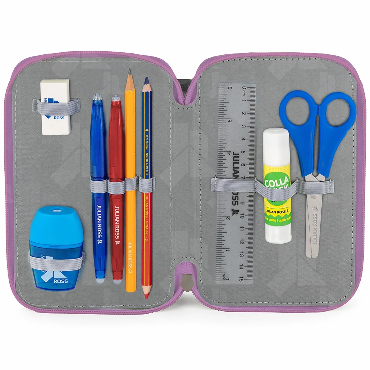 Julian Ross Astuccio 3 Scomparti Fluffy 45 Pezzi, Penne Gel Cancellabili, Colla, Forbici, Pastelli 4.0, 3 Zip, Bambina, Scuola, Orsetto Rosa