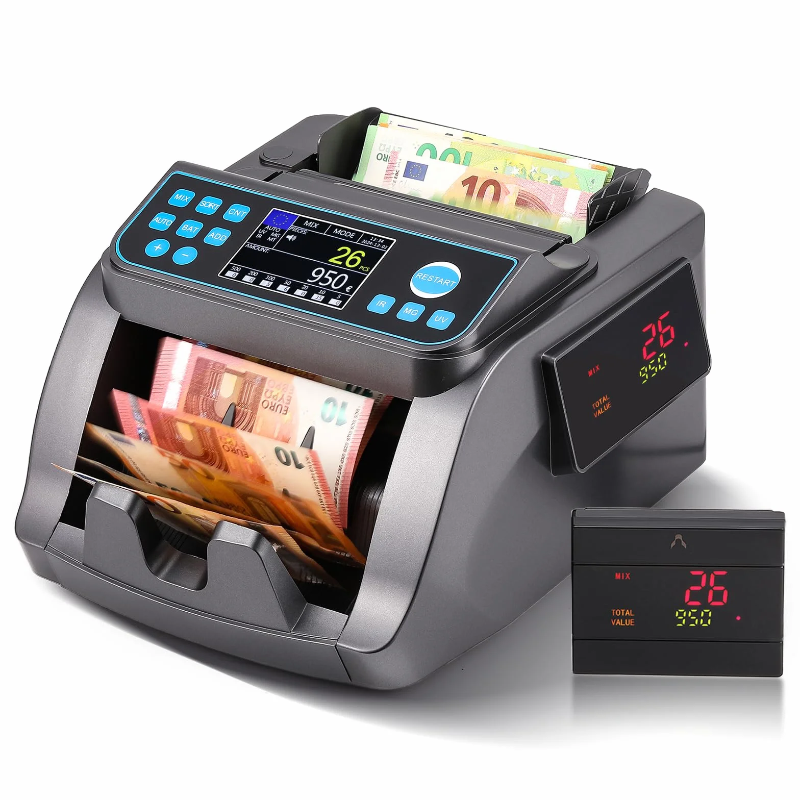 Bonvoisin Conta Banconote Professionale, Conteggio del Valore per Denominazioni Miste in EUR, Macchina Conta Soldi con Rivelazione di Falsi UV/MG/IR/MT/DD, Contabanconote 1000 Banconote/Min (EU)