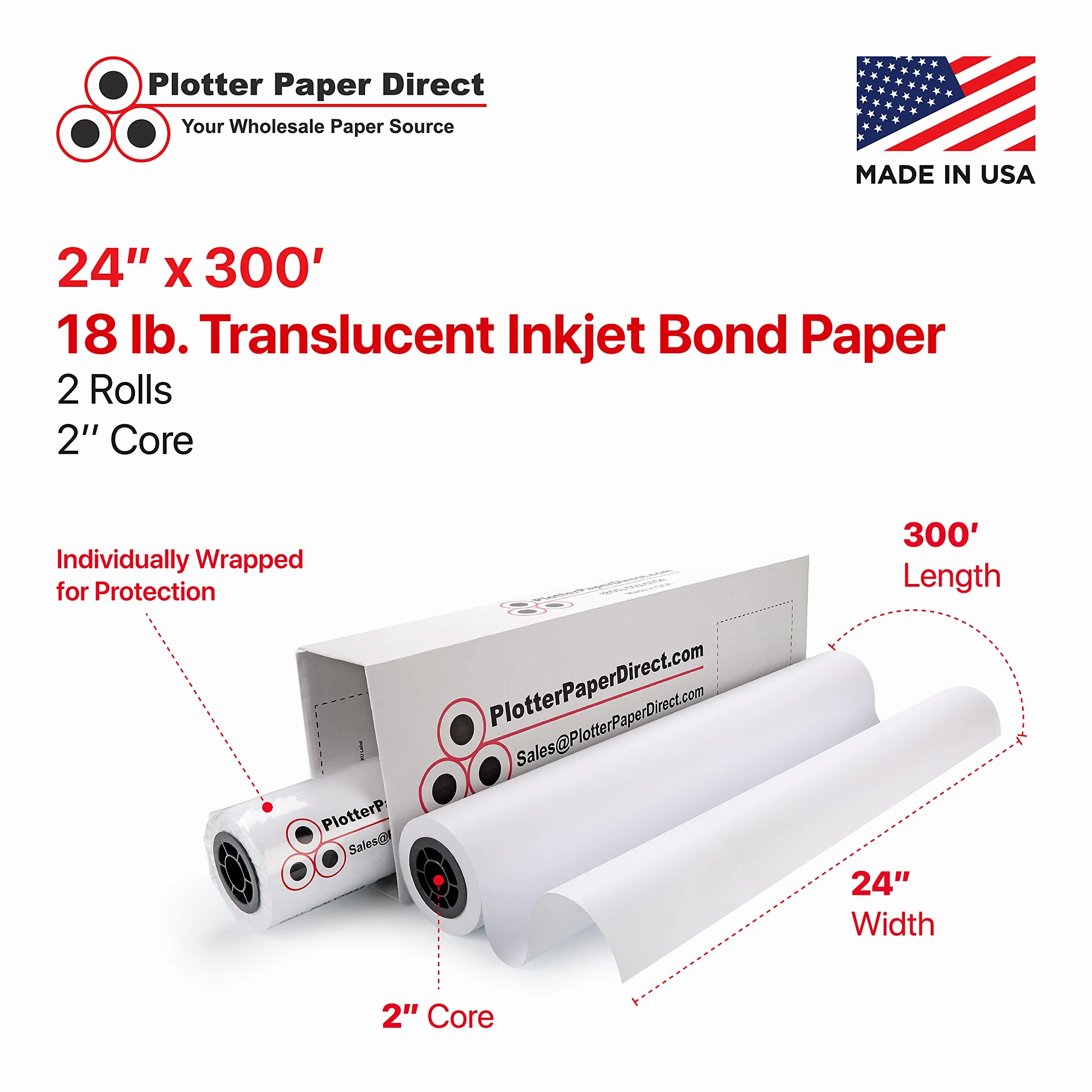 Plotter Paper Direct Carta bianca traslucida per plotter da 61 cm x 91,4 m, 8,2 kg, nucleo da 5,1 cm, per stampa CAD su stampanti a getto d'inchiostro di ampio formato (confezione da 2)