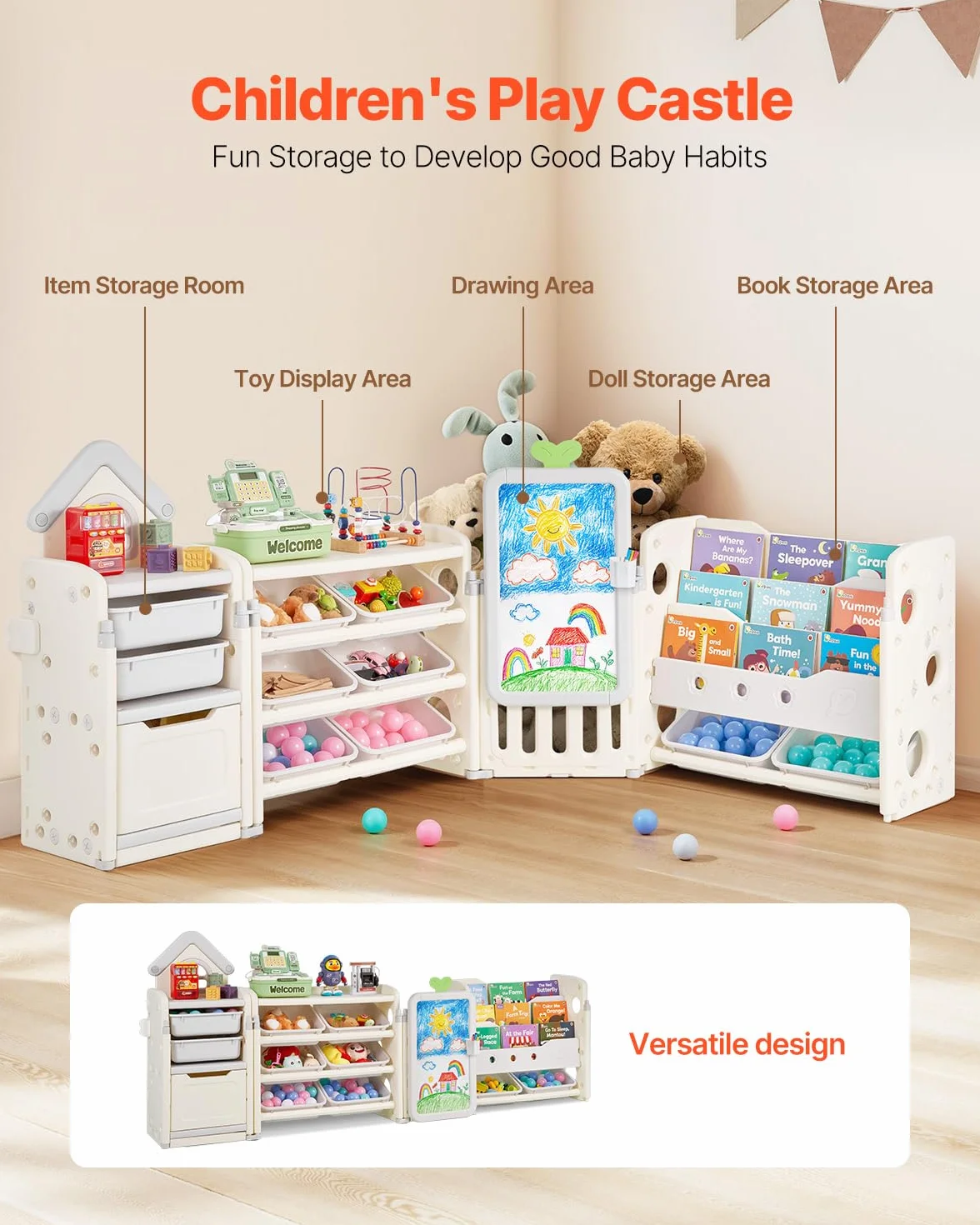 VEVOR Scaffale per Giocattoli in HDPE, Organizzatore per Giocattoli Multifunzionale a 4 Ripiani con 10 Contenitori in Plastica Flessibile e Tavolo da Disegno, per Camera da Letto e Aula, Grigio Beige