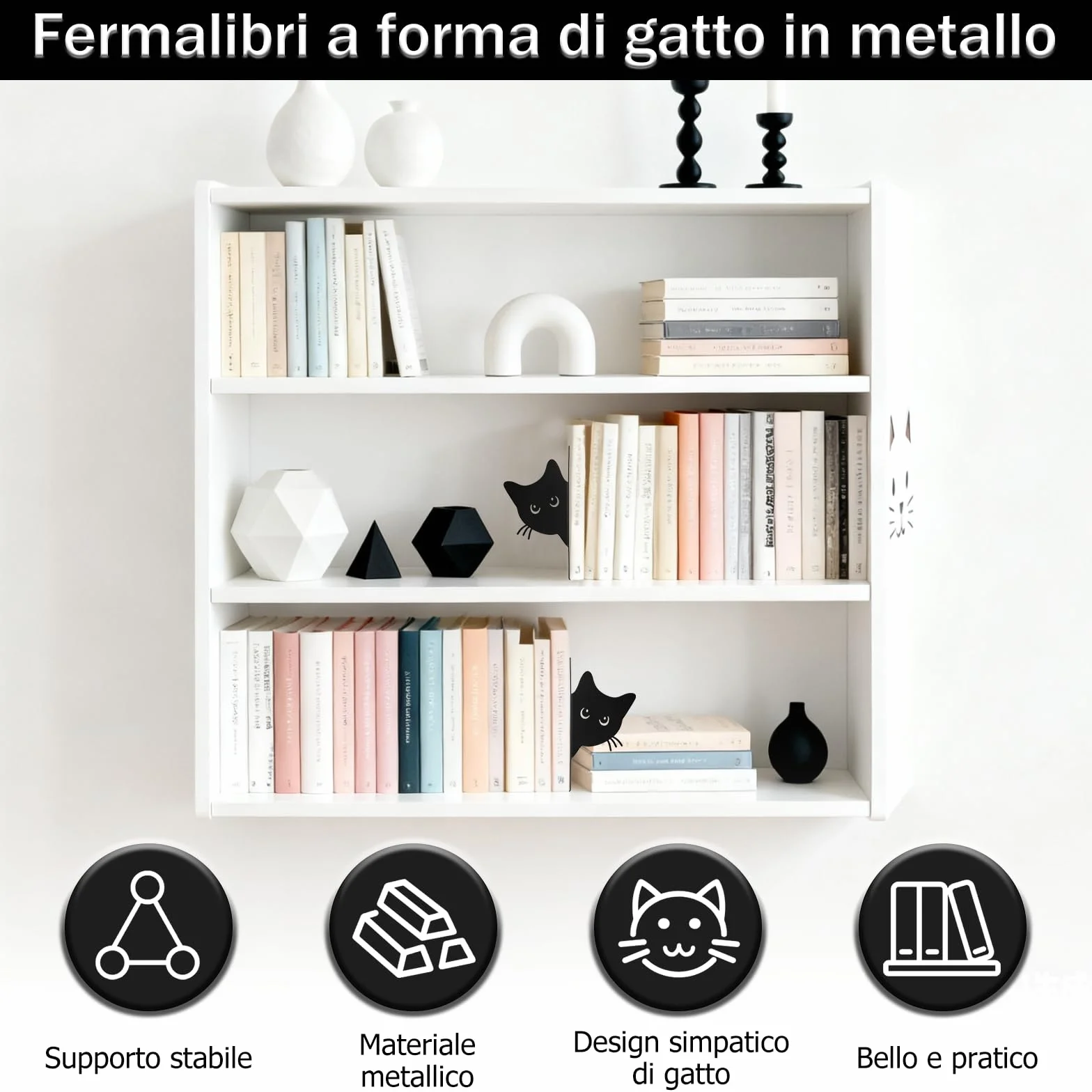 Fermalibri in Metallo a Forma Di Gatto, 2 Pezzi, per Bambini, Scuole, Uffici, Camere Da Letto (Nere)
