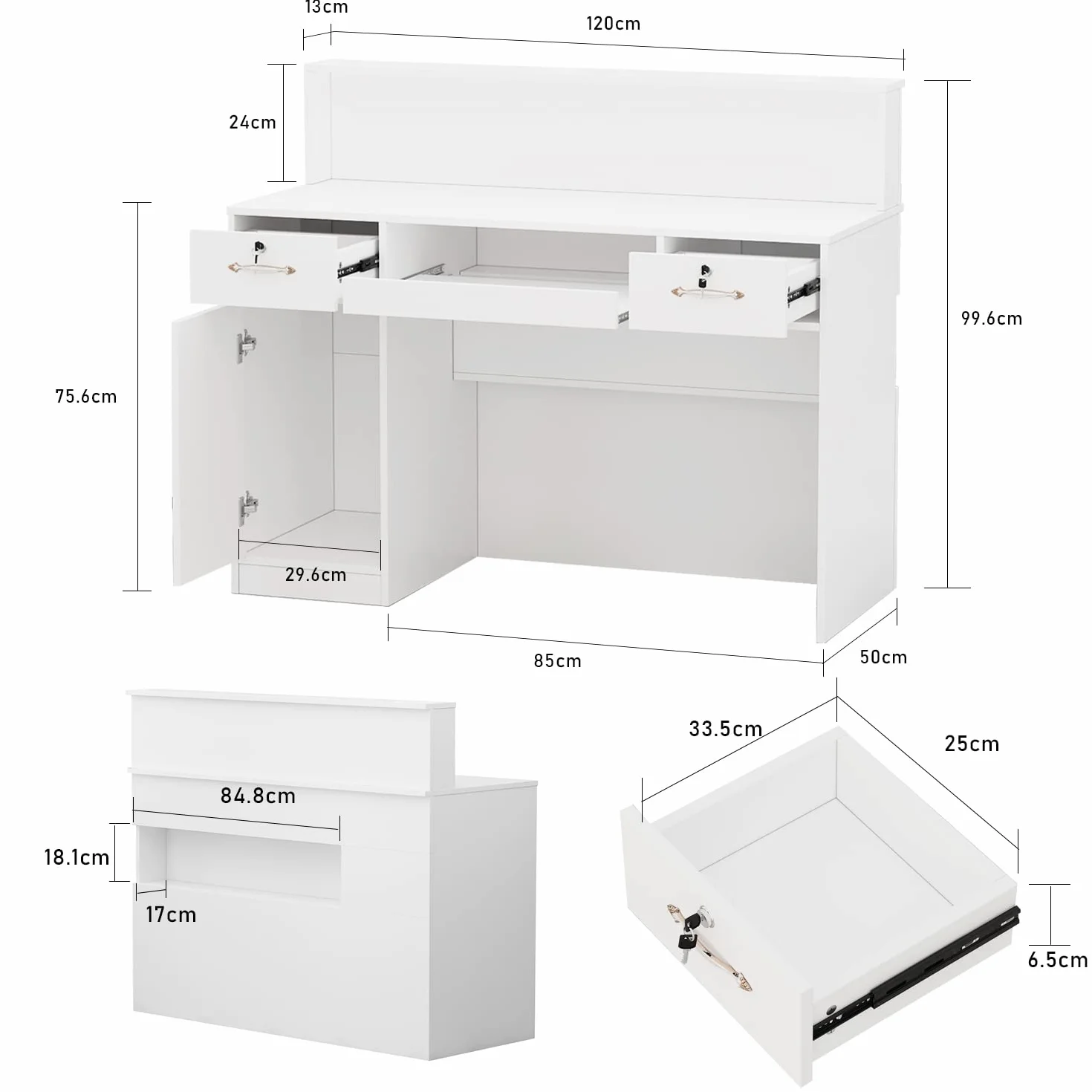 Banco reception con cassetti, banco reception, banco ufficio, per sale aziendali, reception di hotel, negozi di abbigliamento, pasticcerie, frutterie 50 P x 120 L x100 H cm, JRIT250007-01