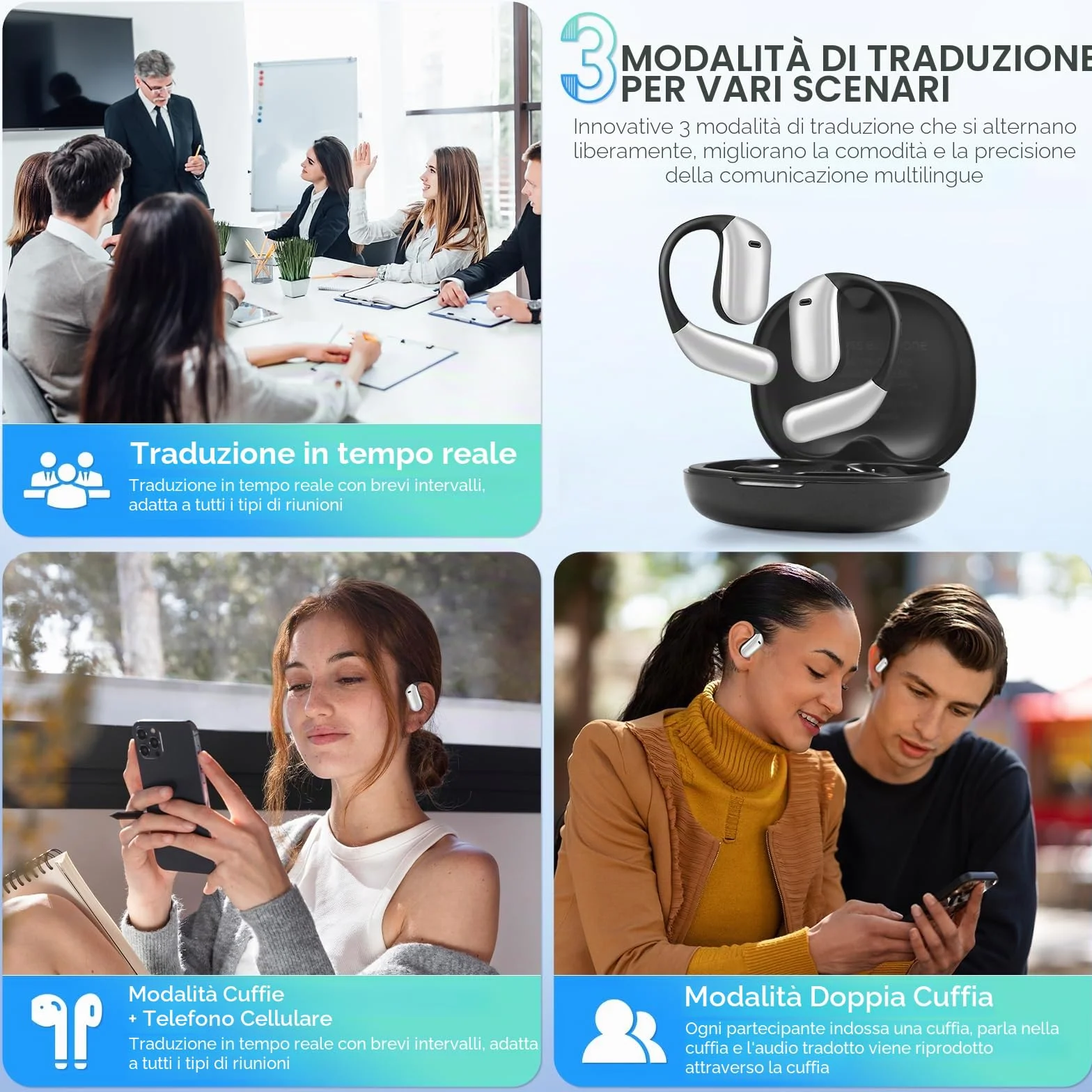 AI Auricolare Traduttore Istantaneo 80H Auricolari Traduttore Tempo Reale Senza Fili con 144 Lingue, Supporto Traduzione/Musica/Chiamate, per Viaggi, Incontri Di Business, con App Gratuita