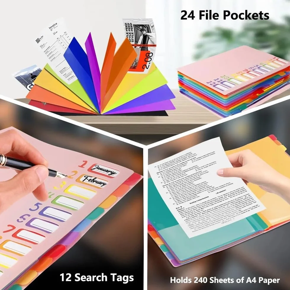 Cartelle Formato A4 Lettera, Organizer for cartelle espandibili in plastica mensile Resistente con 12 Tasche espandibili per l'archiviazione e l'organizzazione Quotidiana(Nero)